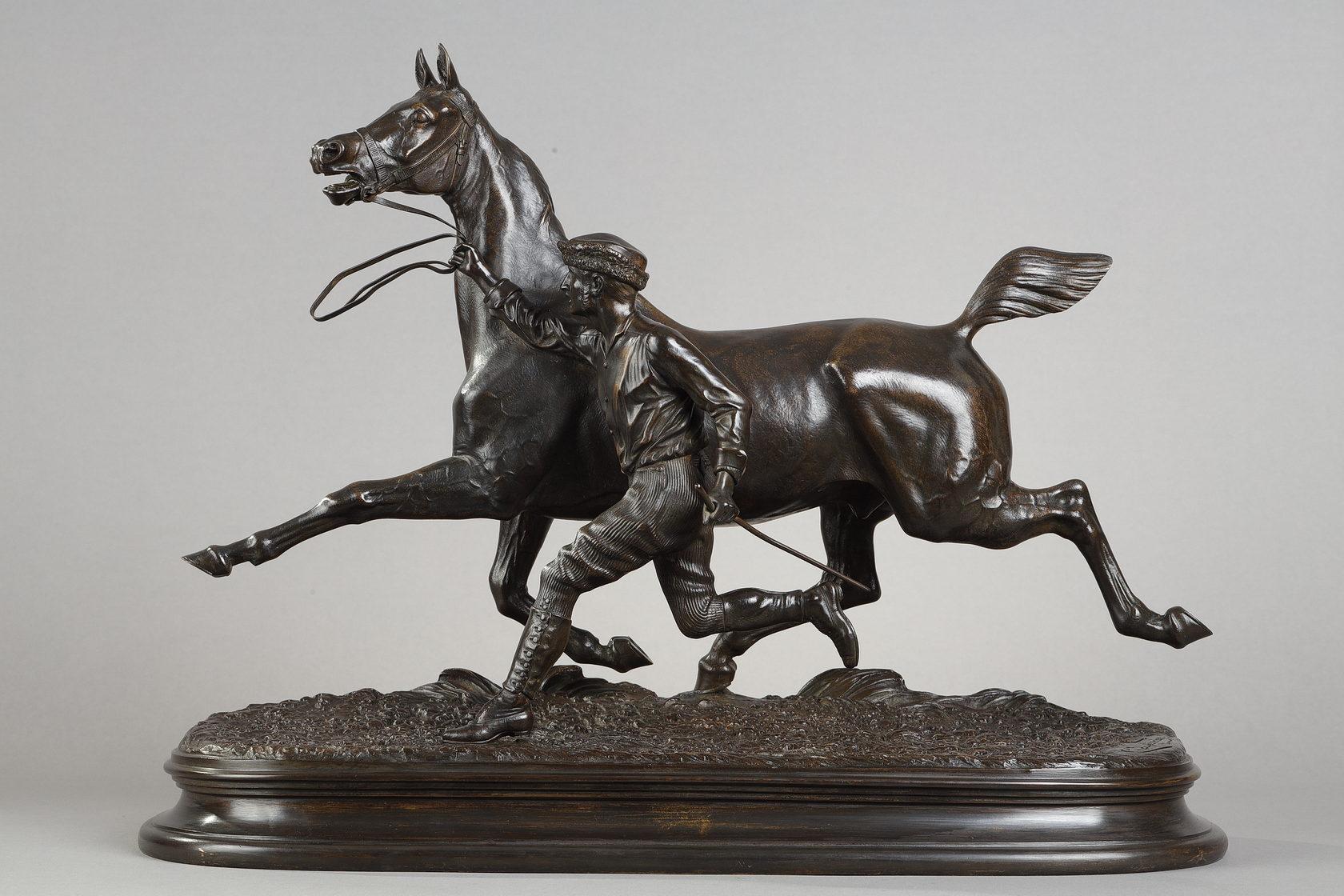 Arthur comte du Passage  Figurative Sculpture - Horse training with its stable lad