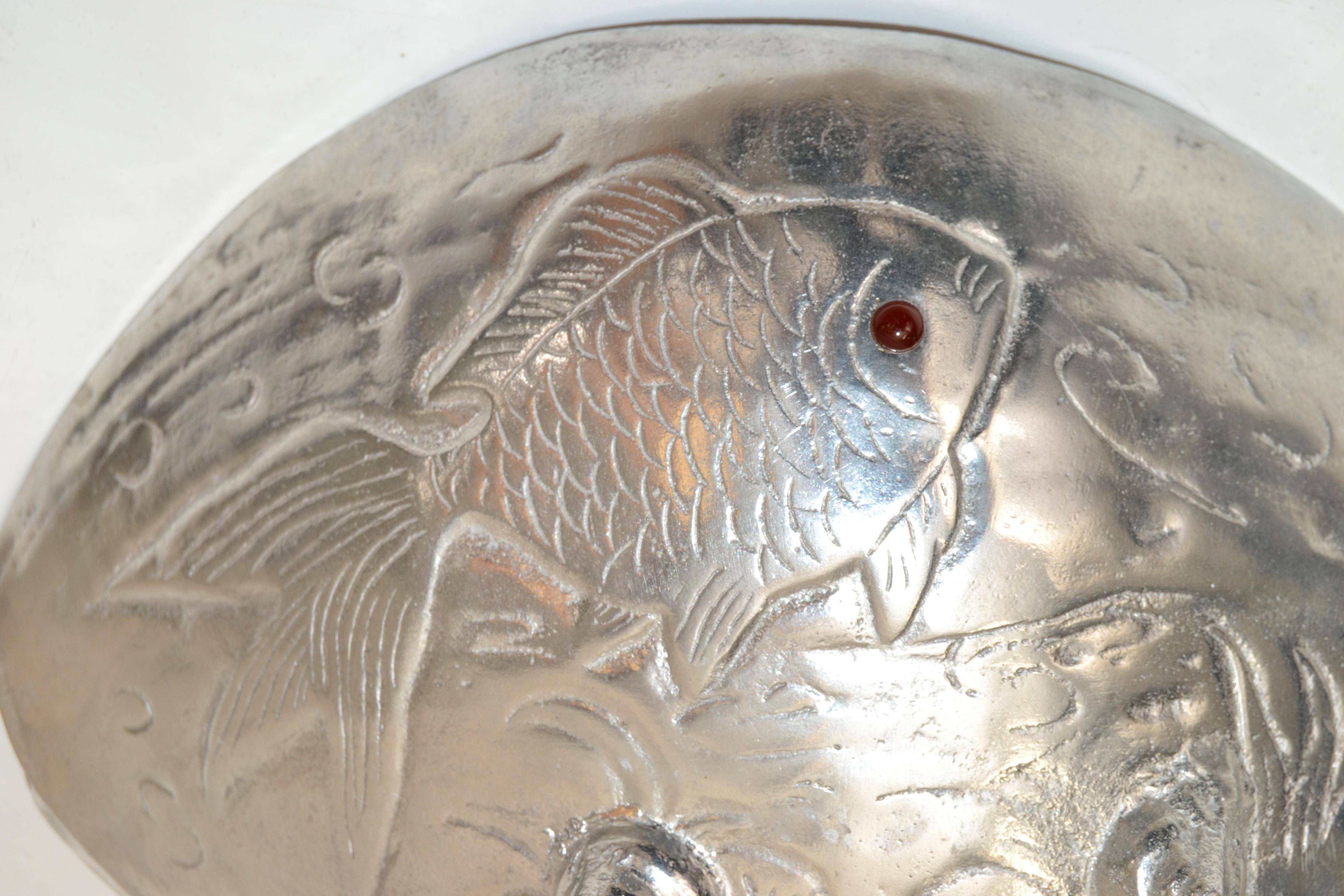 Arthur Court 1977 Nautical Aluminum Koi Fish Footed Shell Bowl Red Carnelian Eye For Sale 2