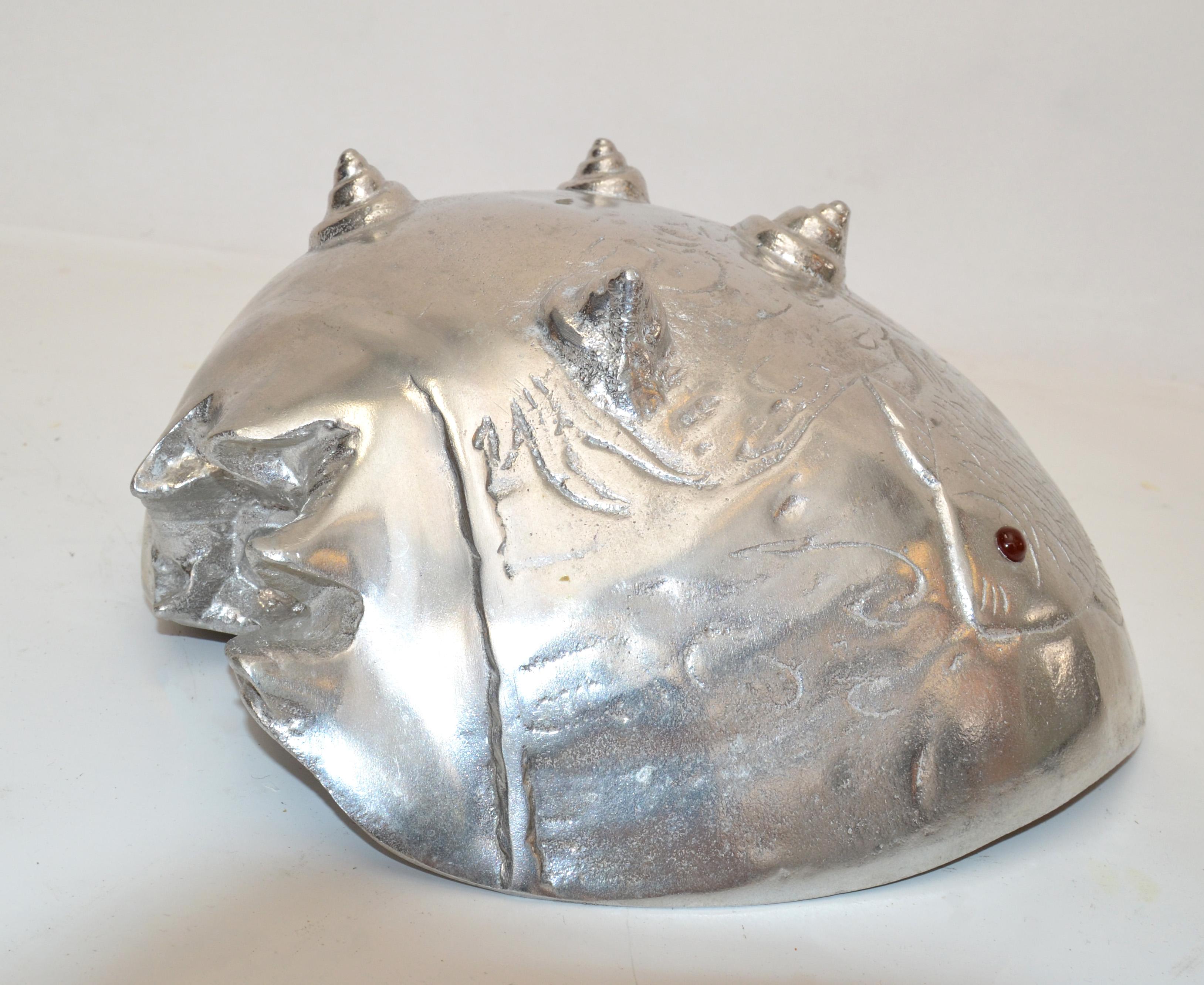 Arthur Court 1977 Nautical Aluminum Koi Fish Footed Shell Bowl Red Carnelian Eye For Sale 1