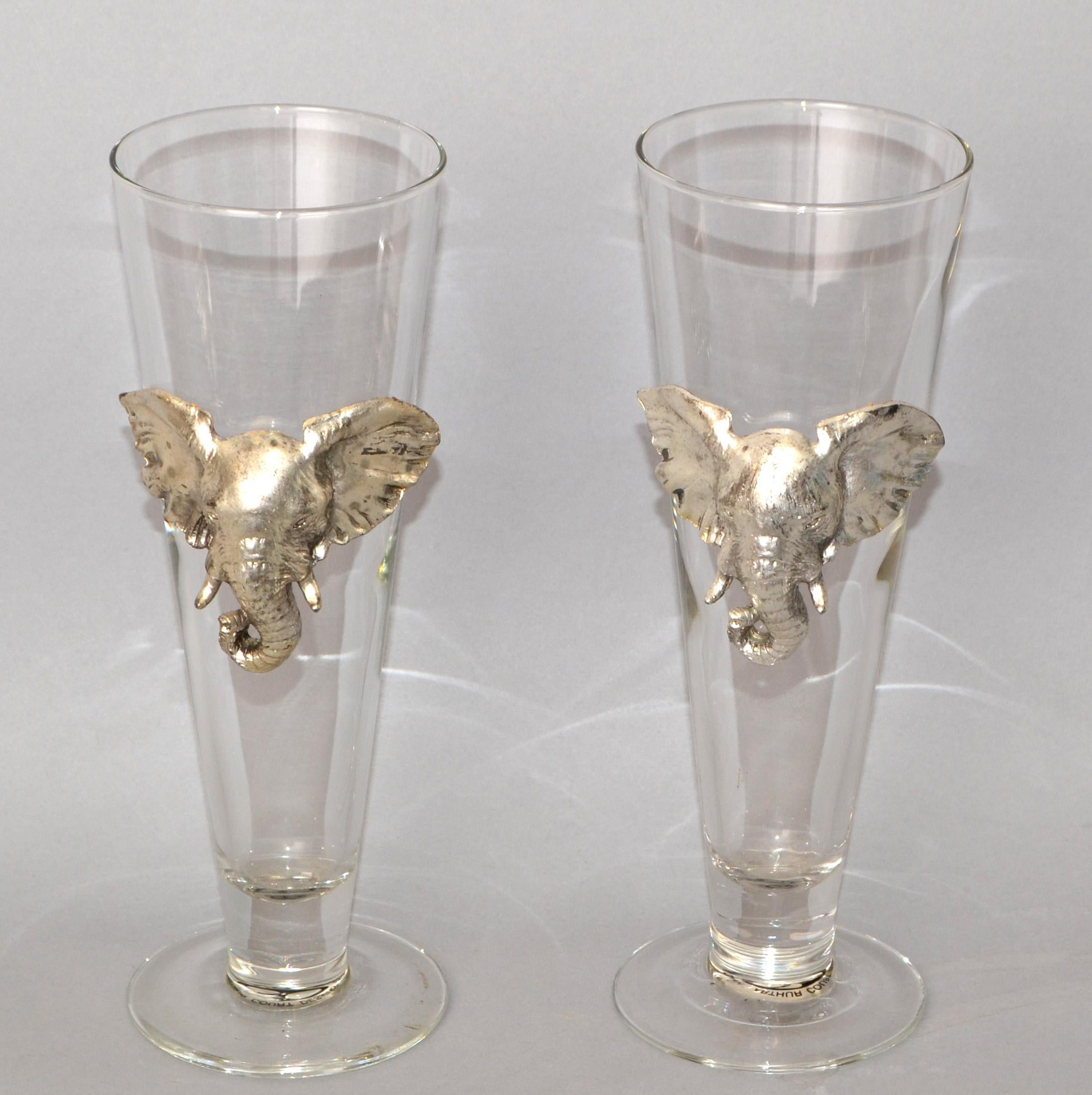 Arthur Court 1997 Safari Cast Aluminum Elephant Pilsner Beer Glass Set of Two For Sale 3