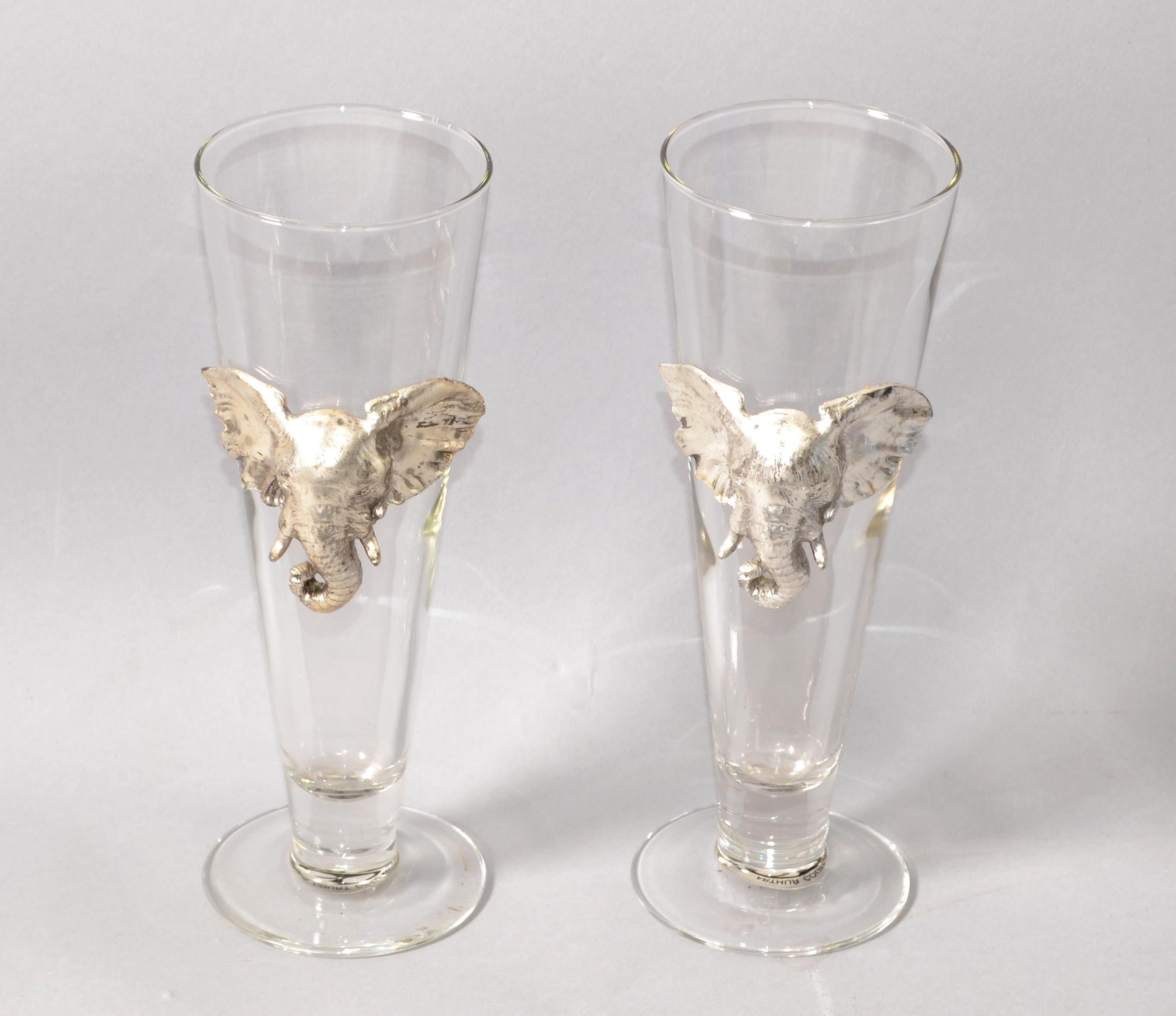 Safari Set of 2 Arthur Court 1997 Cast Aluminum Silver Elephant Head Pilsner Beer Glass, Tall Glasses, Tumblers.
Marked Arthur Court designs.
Mid-Century Modern Glassware for Safari Animal Lovers. 
 