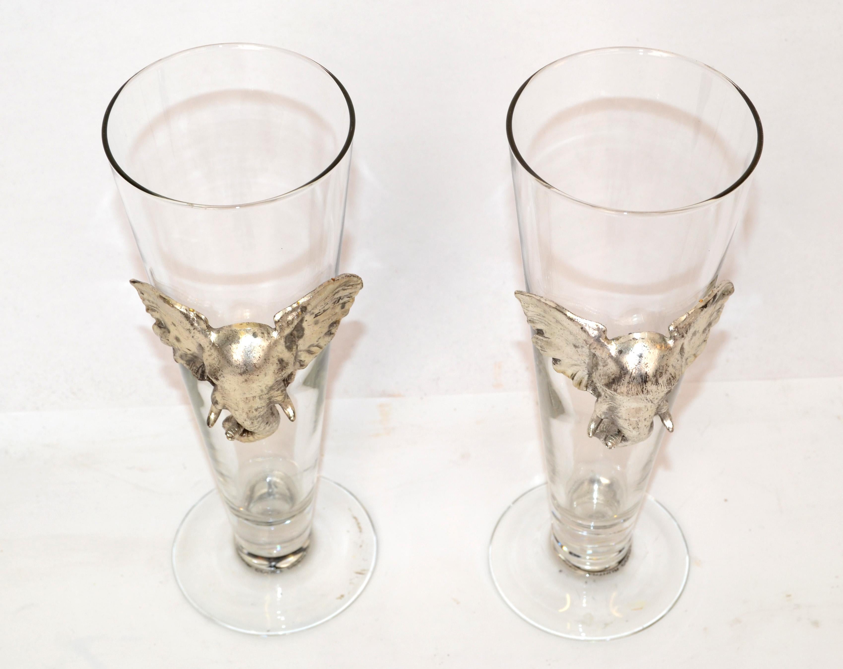 Mid-Century Modern Arthur Court 1997 Safari Cast Aluminum Elephant Pilsner Beer Glass Set of Two For Sale