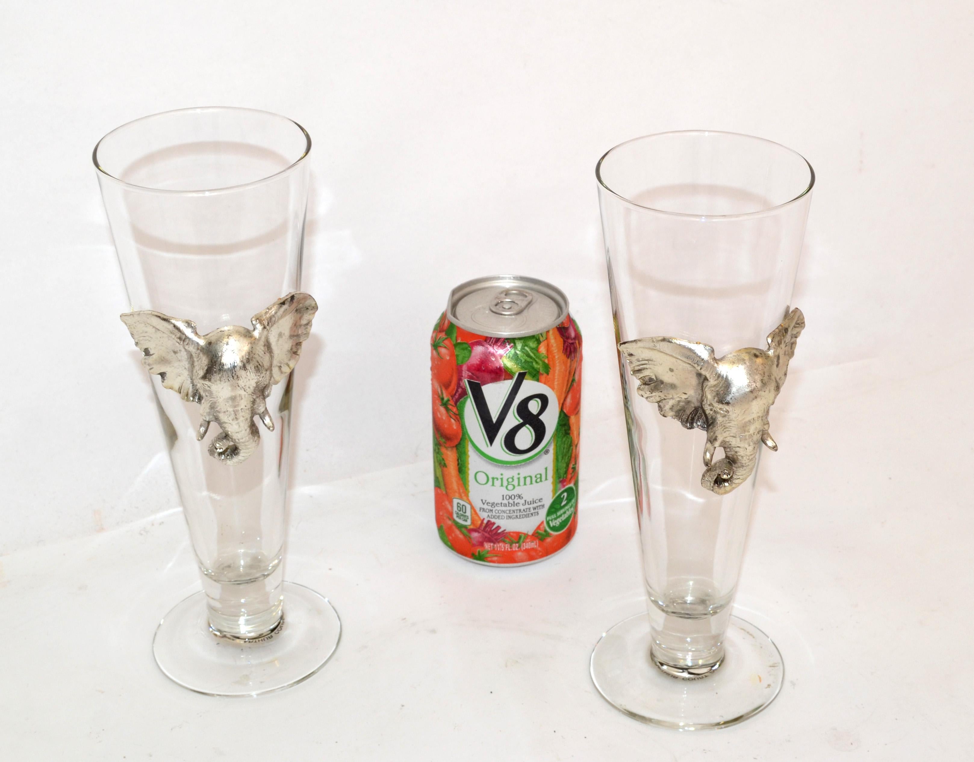 American Arthur Court 1997 Safari Cast Aluminum Elephant Pilsner Beer Glass Set of Two For Sale