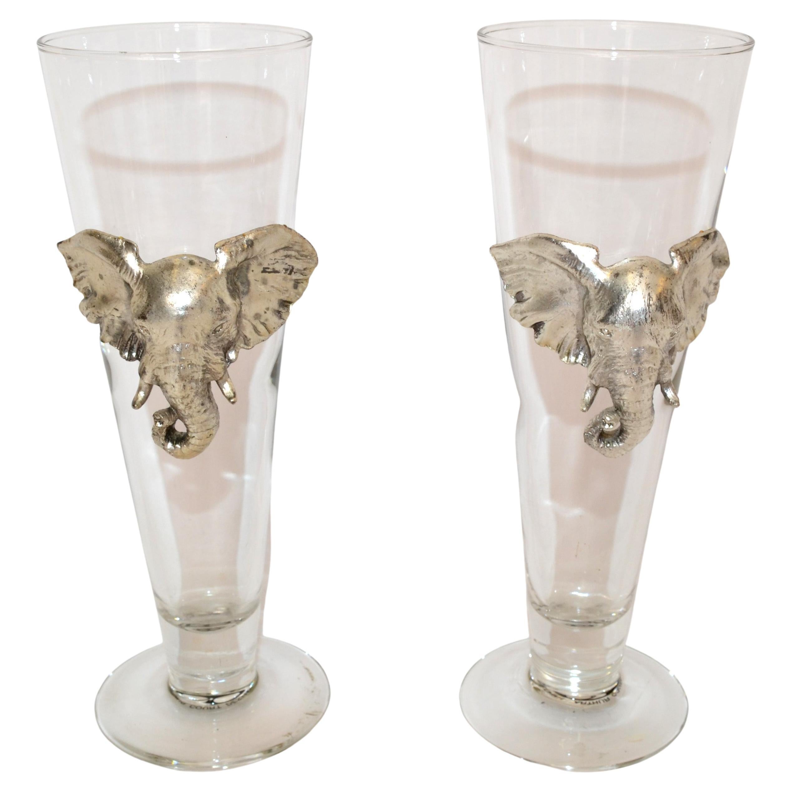 Arthur Court 1997 Safari Cast Aluminum Elephant Pilsner Beer Glass Set of Two For Sale