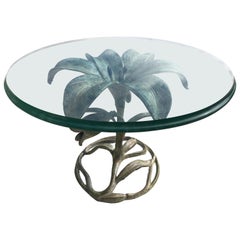 Vintage Arthur Court Aluminum Lily Flower Cocktail Table Beveled Glass