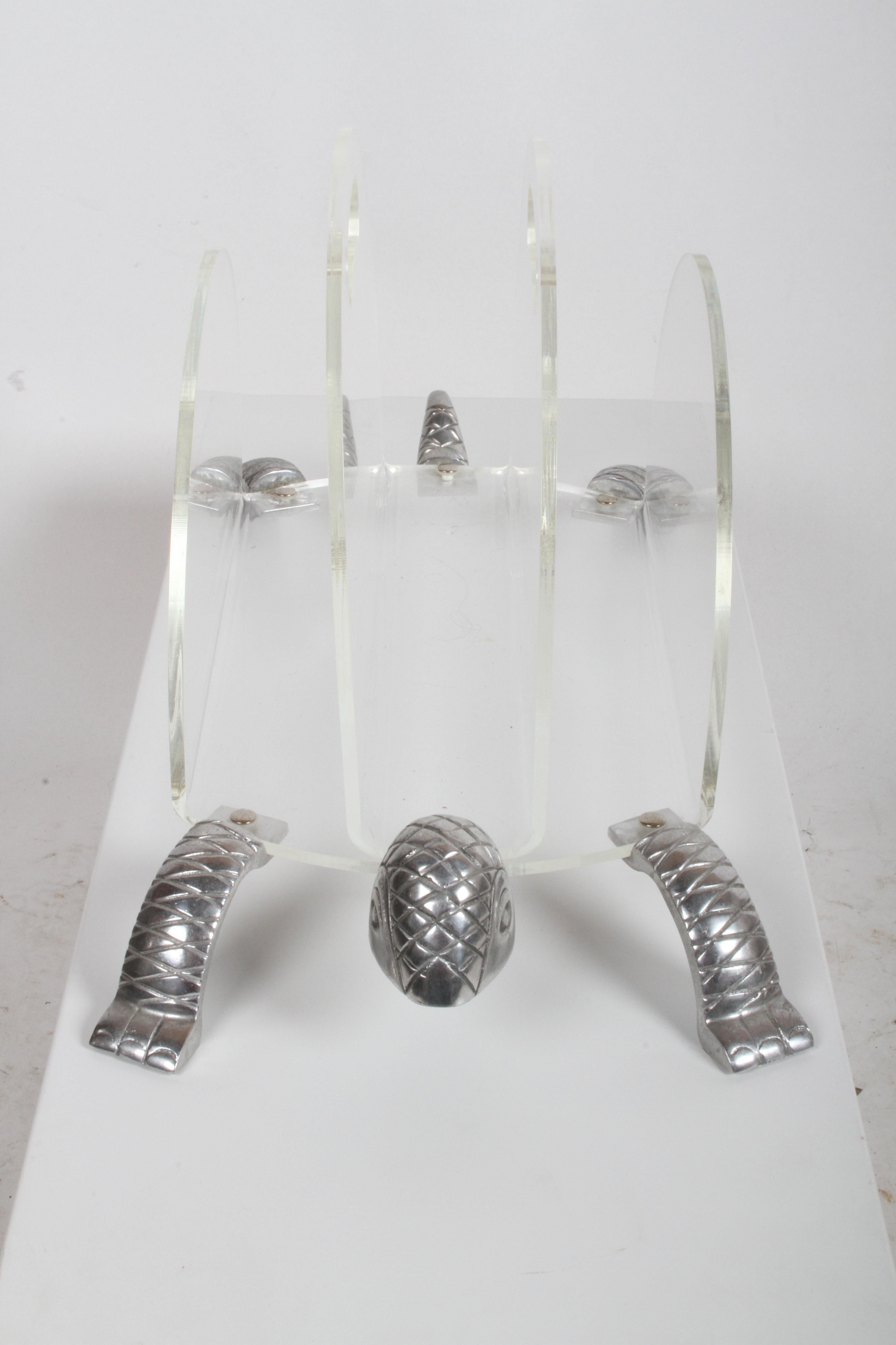 1970s Arthur Court aluminum turtle and Lucite magazine rack or holder. Minor scuffs to Lucite, nice condition.