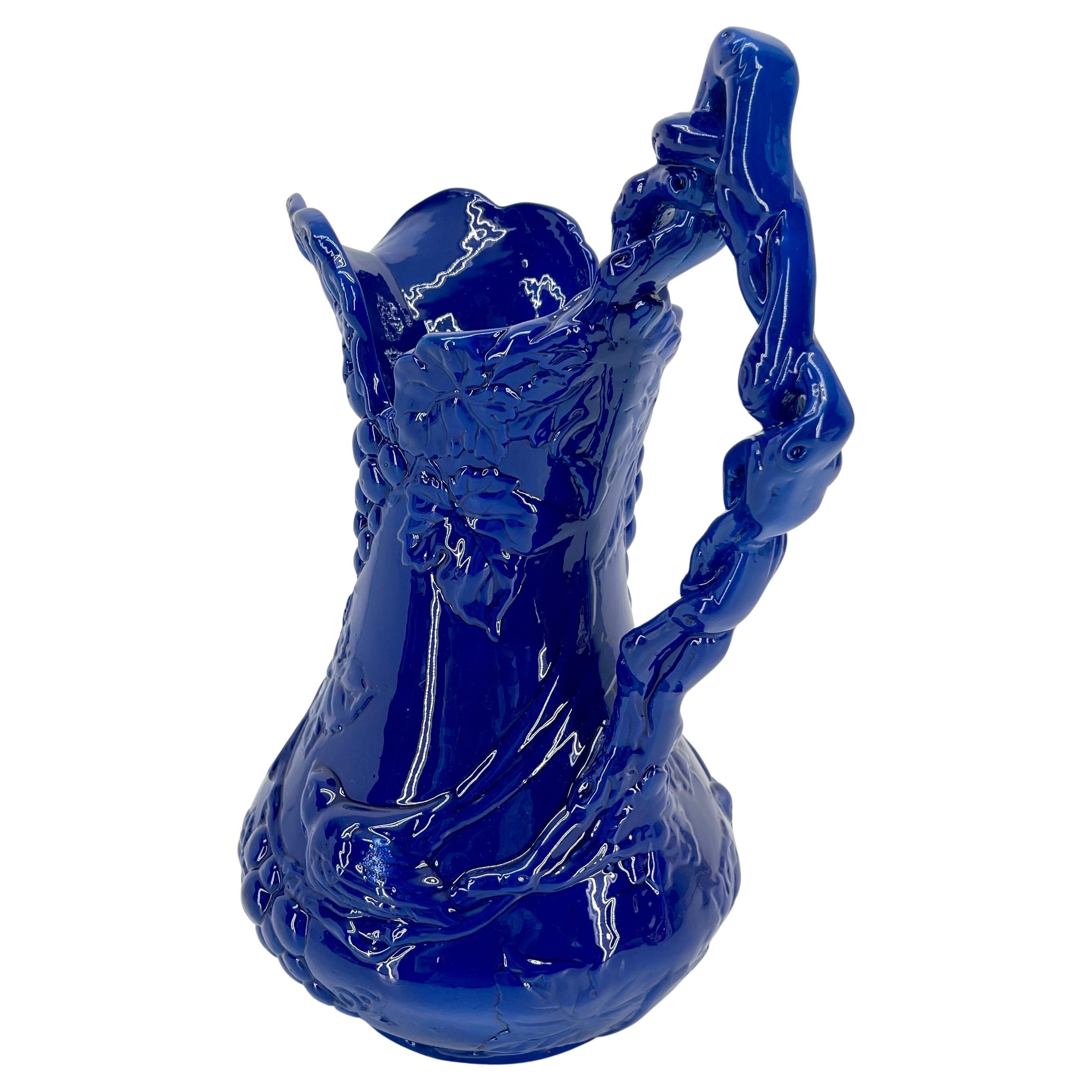 American Arthur Court Bird and Grapevines Blue Sculptured Pitcher, Powder-Coated For Sale