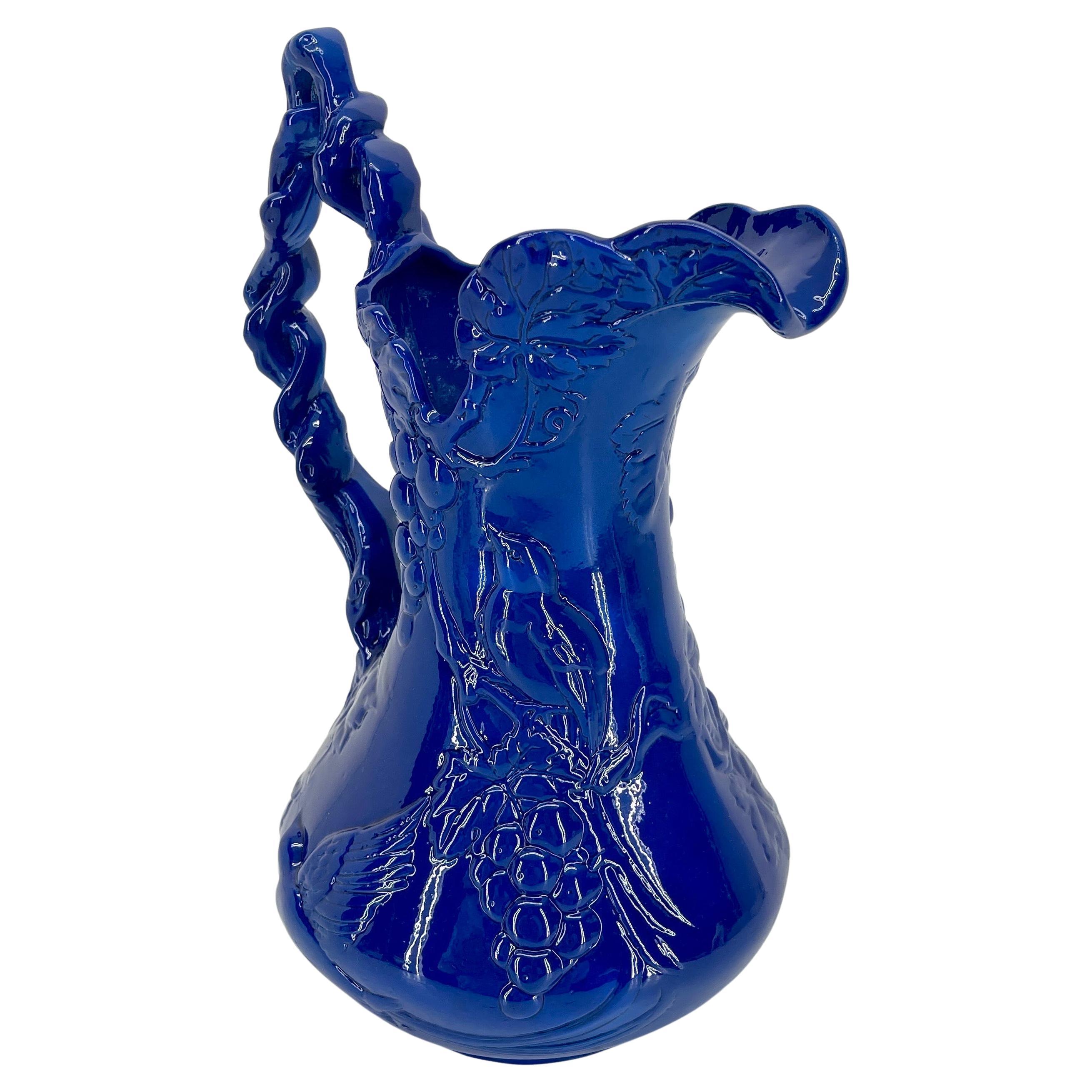 Cast Arthur Court Bird and Grapevines Blue Sculptured Pitcher, Powder-Coated For Sale