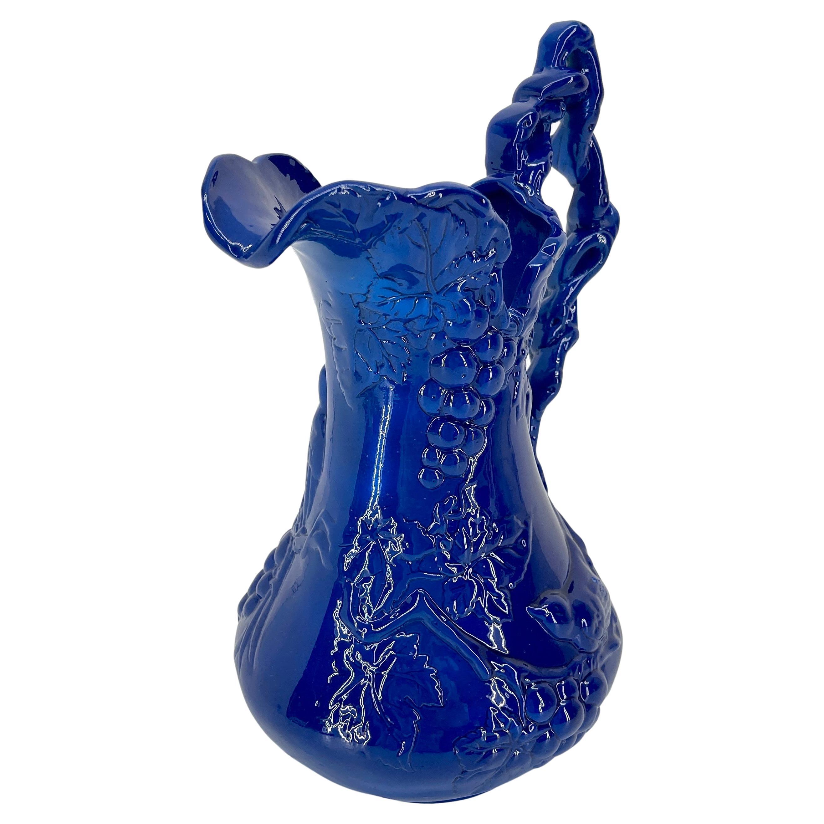 Contemporary Arthur Court Bird and Grapevines Blue Sculptured Pitcher, Powder-Coated For Sale