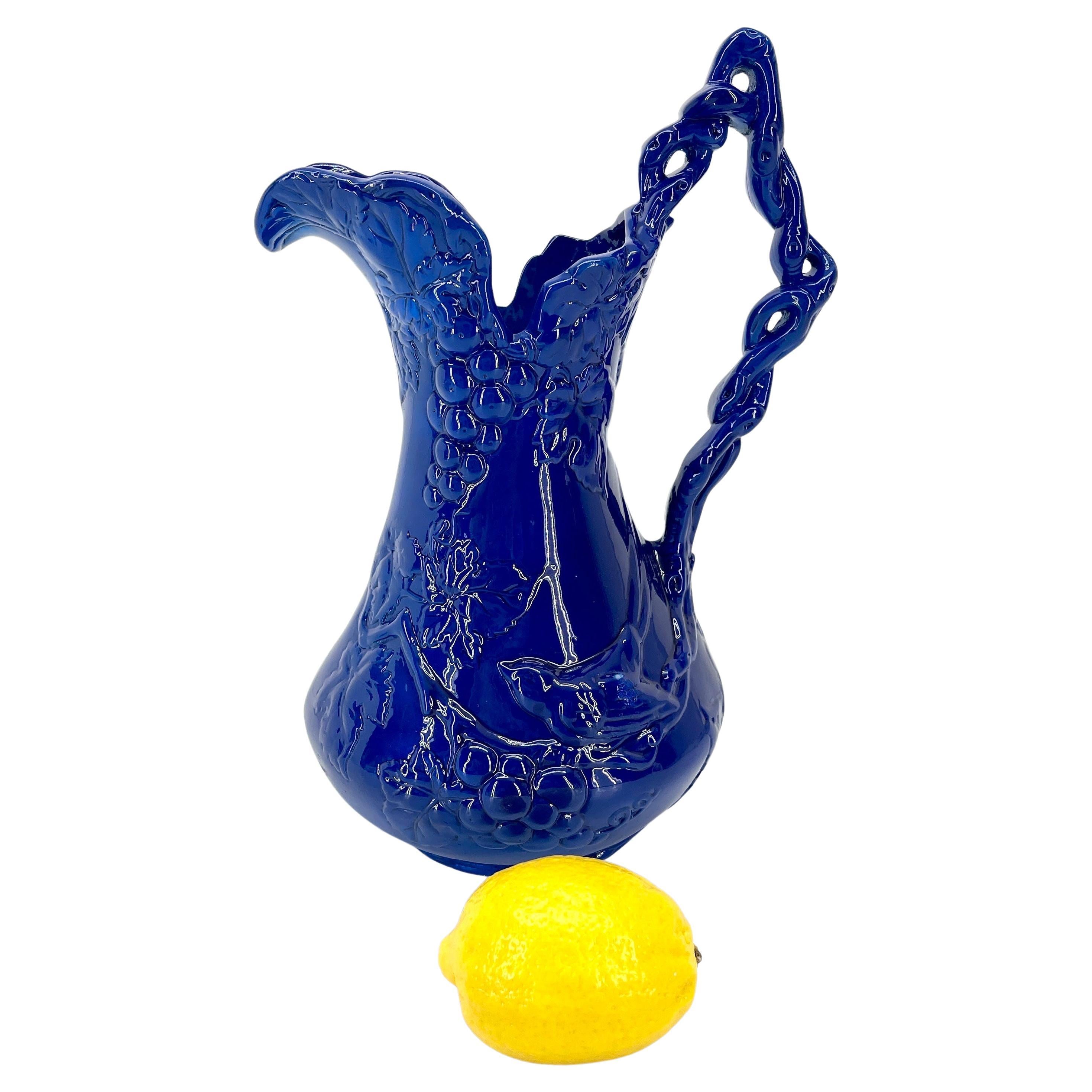 Arthur Court Bird and Grapevines Blue Sculptured Pitcher, Powder-Coated For Sale