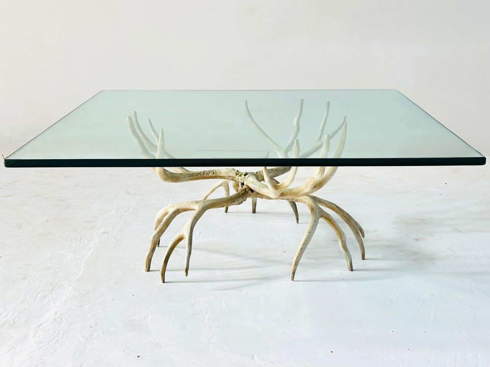 Arthur Court Cast Aluminum Antler Coffee/Cocktail Table, 1970’s.  Original in great condition.
Measures Glass .75” tall 42” x 42” base 30” diameter 16.75” tall