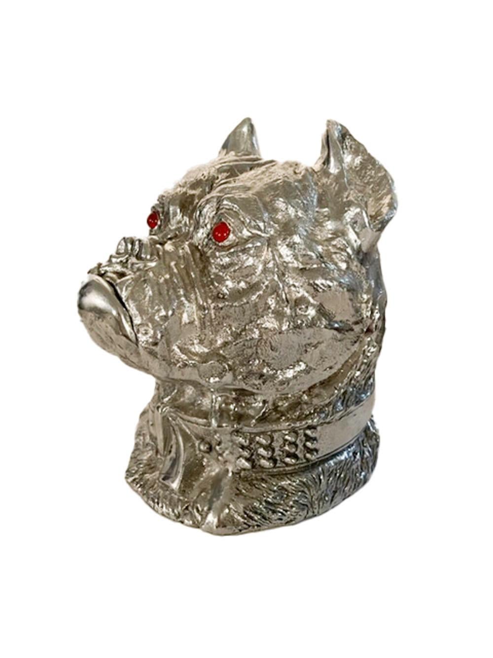 Cast aluminum ice bucket / wine cooler by Arthur Court in the form of a bulldog's head wearing a wide collar. The Lid lifts off for easy access and is finished with red glass eyes.