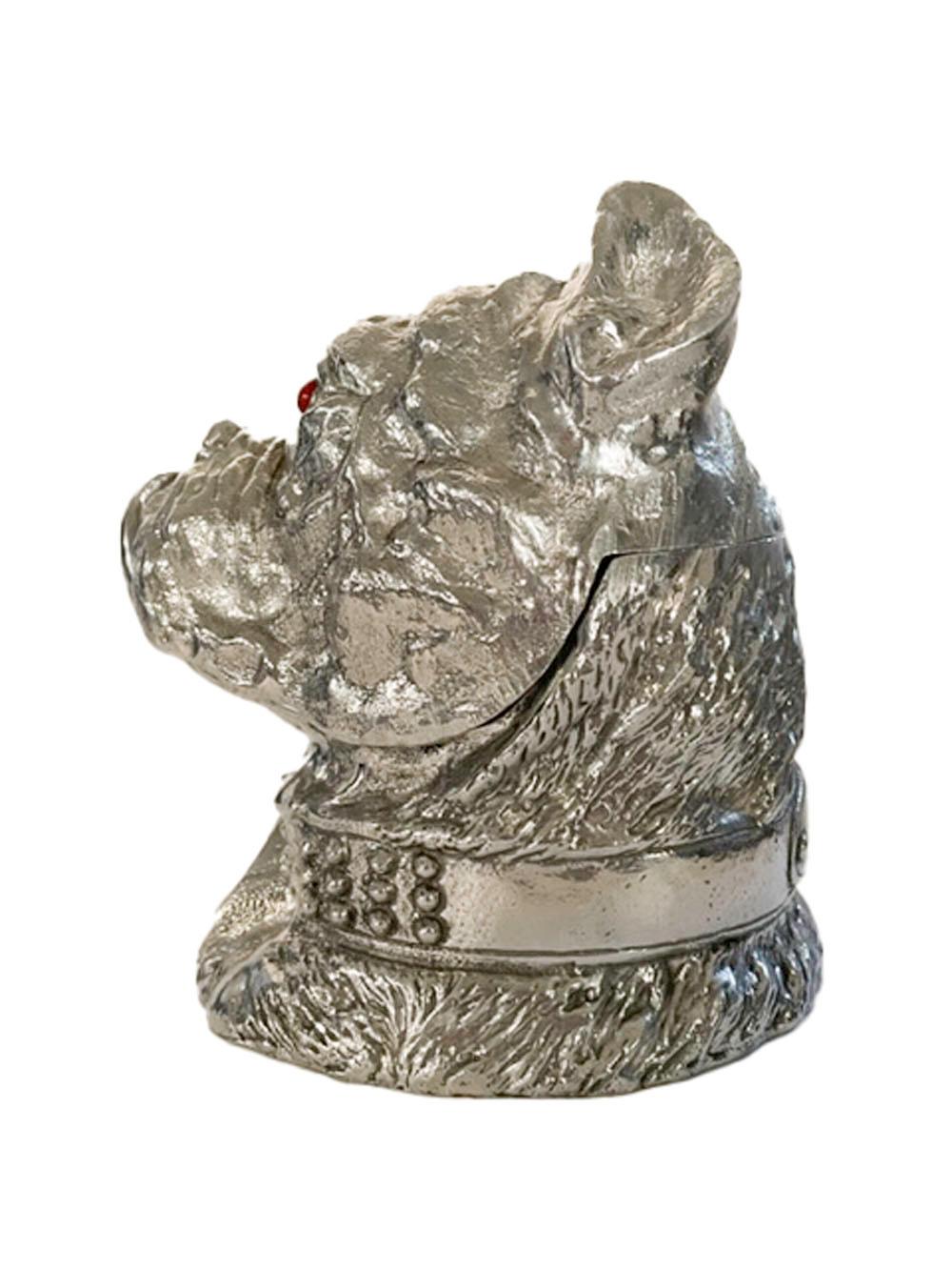 Mid-Century Modern Arthur Court Cast Aluminum Bulldog Ice Bucket with Red Glass Eyes For Sale