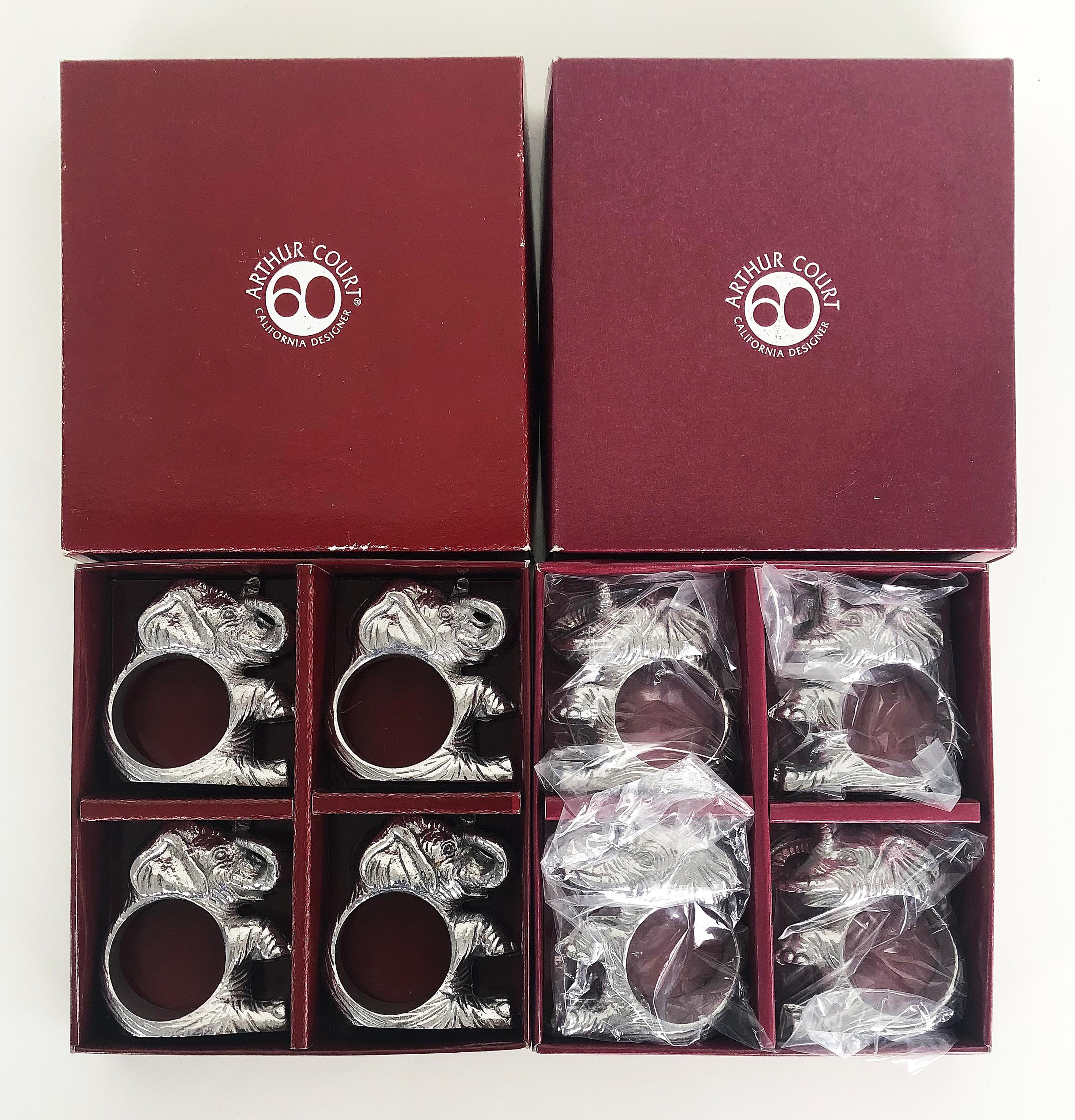 Contemporary Arthur Court Designs Aluminum Elephant Napkin Rings, New in Boxes, Set of '8'