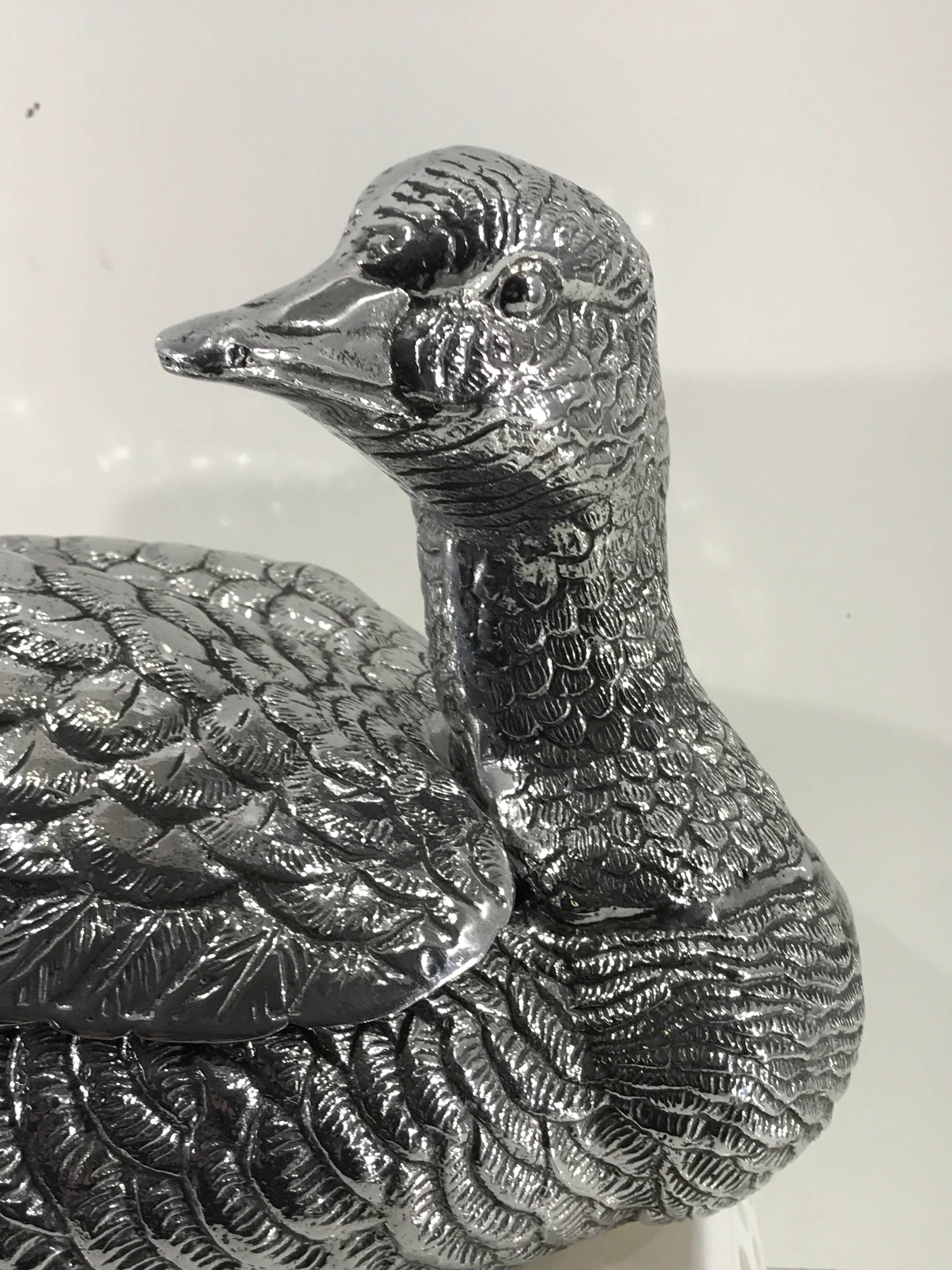 Shiny pewter duck and duckling tureen by Arthur Court, 1978.