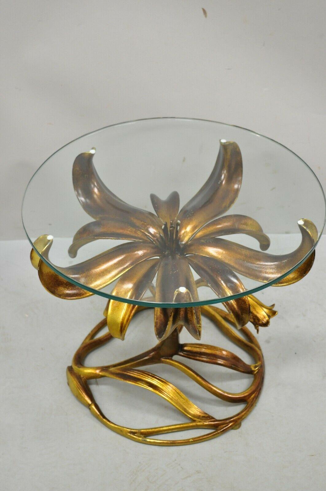 Arthur Court Gold Gilt Round Glass Top Lily Flowers Side Table 4