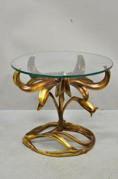 Arthur Court Gold Gilt Round Glass Top Lily Flowers Side Table
