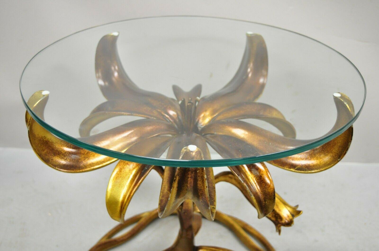 Hollywood Regency Arthur Court Gold Gilt Round Glass Top Lily Flowers Side Table