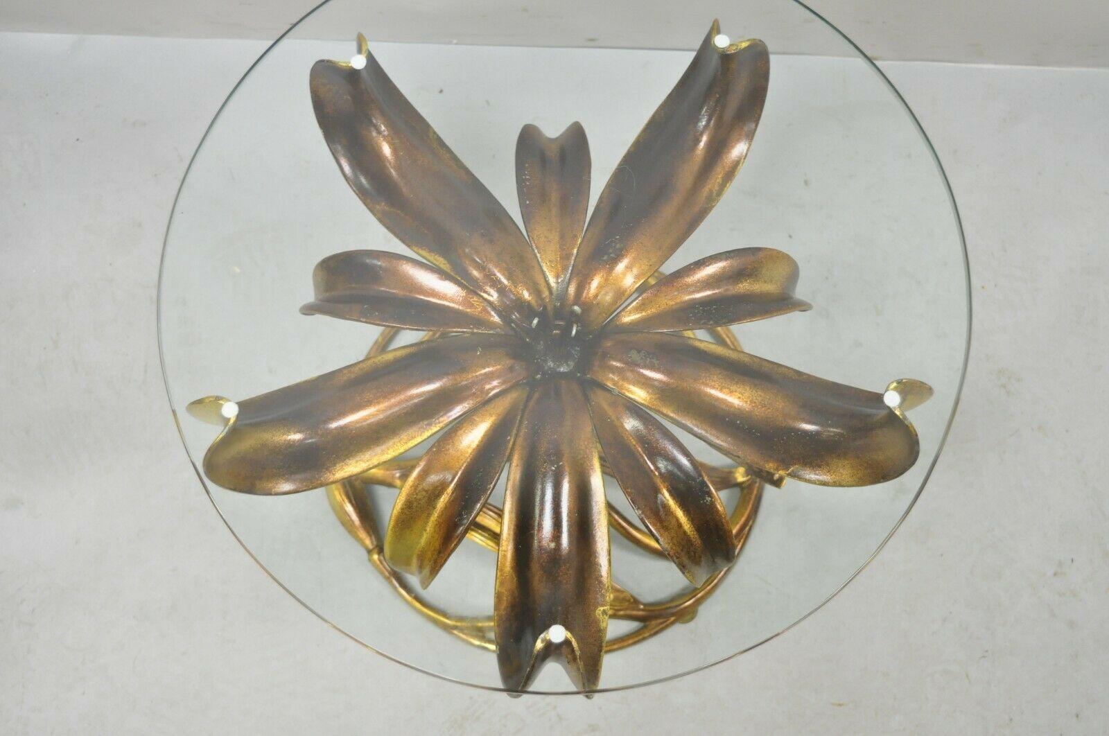 Arthur Court Gold Gilt Round Glass Top Lily Flowers Side Table In Good Condition In Philadelphia, PA