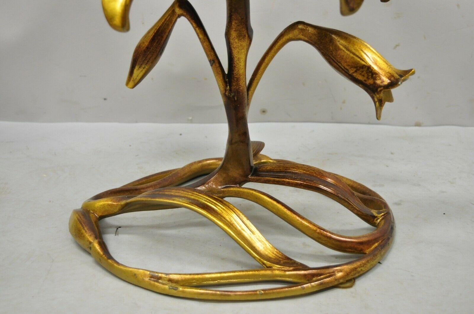 20th Century Arthur Court Gold Gilt Round Glass Top Lily Flowers Side Table