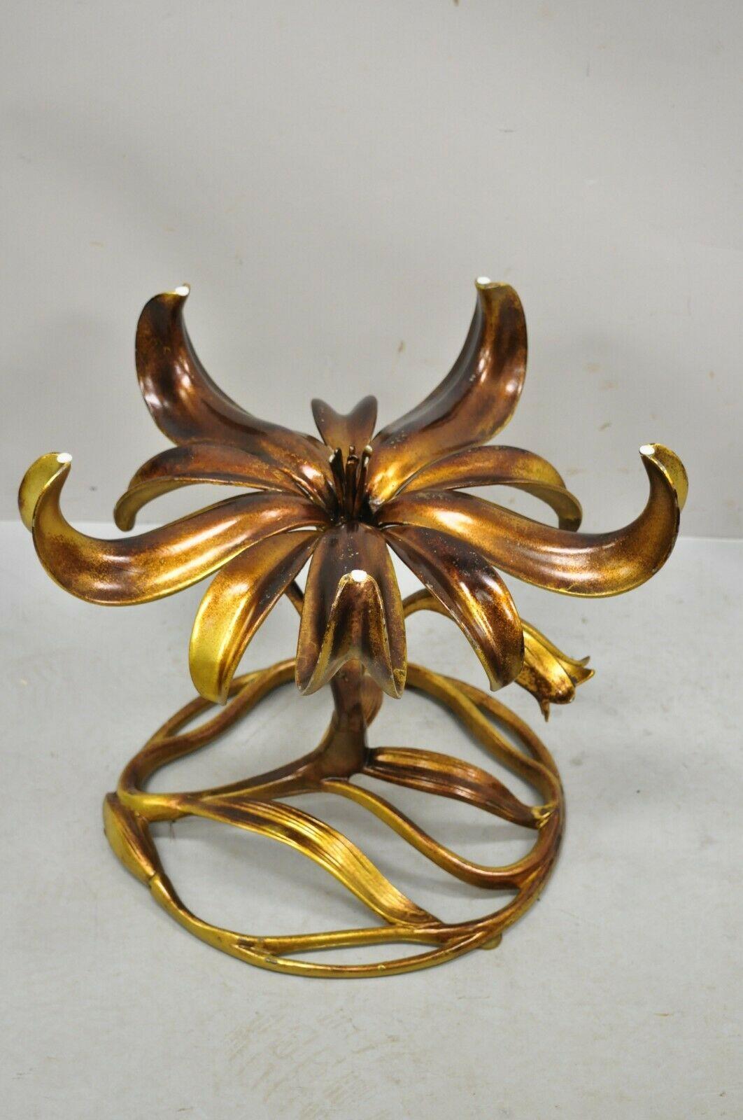 Arthur Court Gold Gilt Round Glass Top Lily Flowers Side Table 1