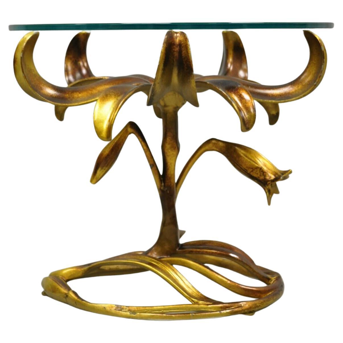 Arthur Court Gold Gilt Round Glass Top Lily Flowers Side Table