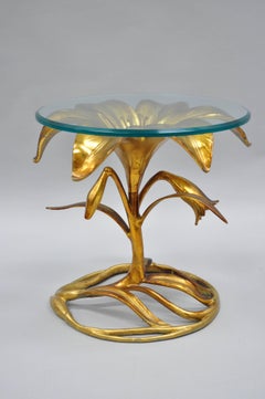 Arthur Court Hollywood Regency Gold Lily Leaf Flower Round Glass Top Side Table