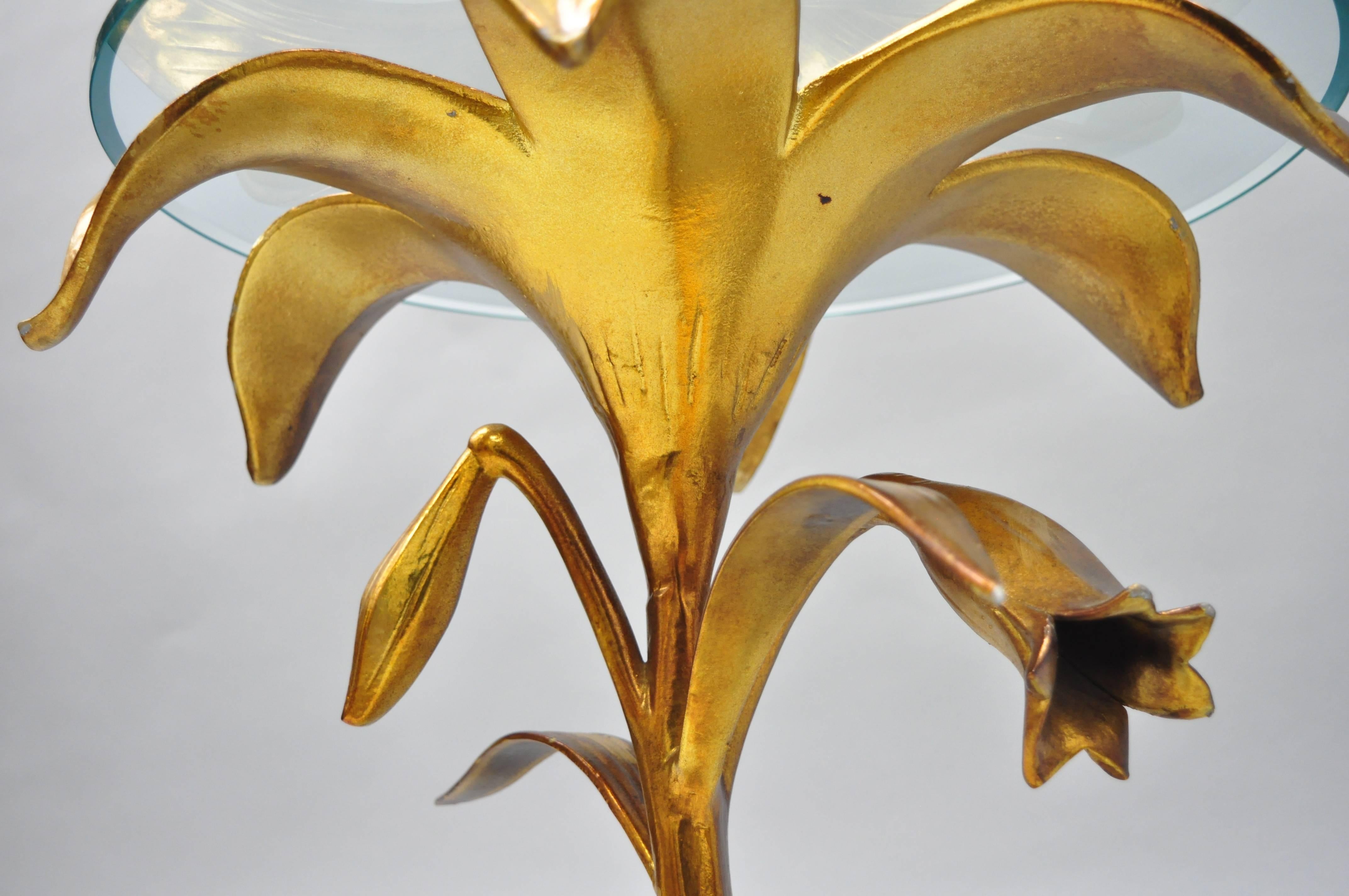 20th Century Arthur Court Hollywood Regency Gold Lily Leaf Flower Round Glass Top Side Table