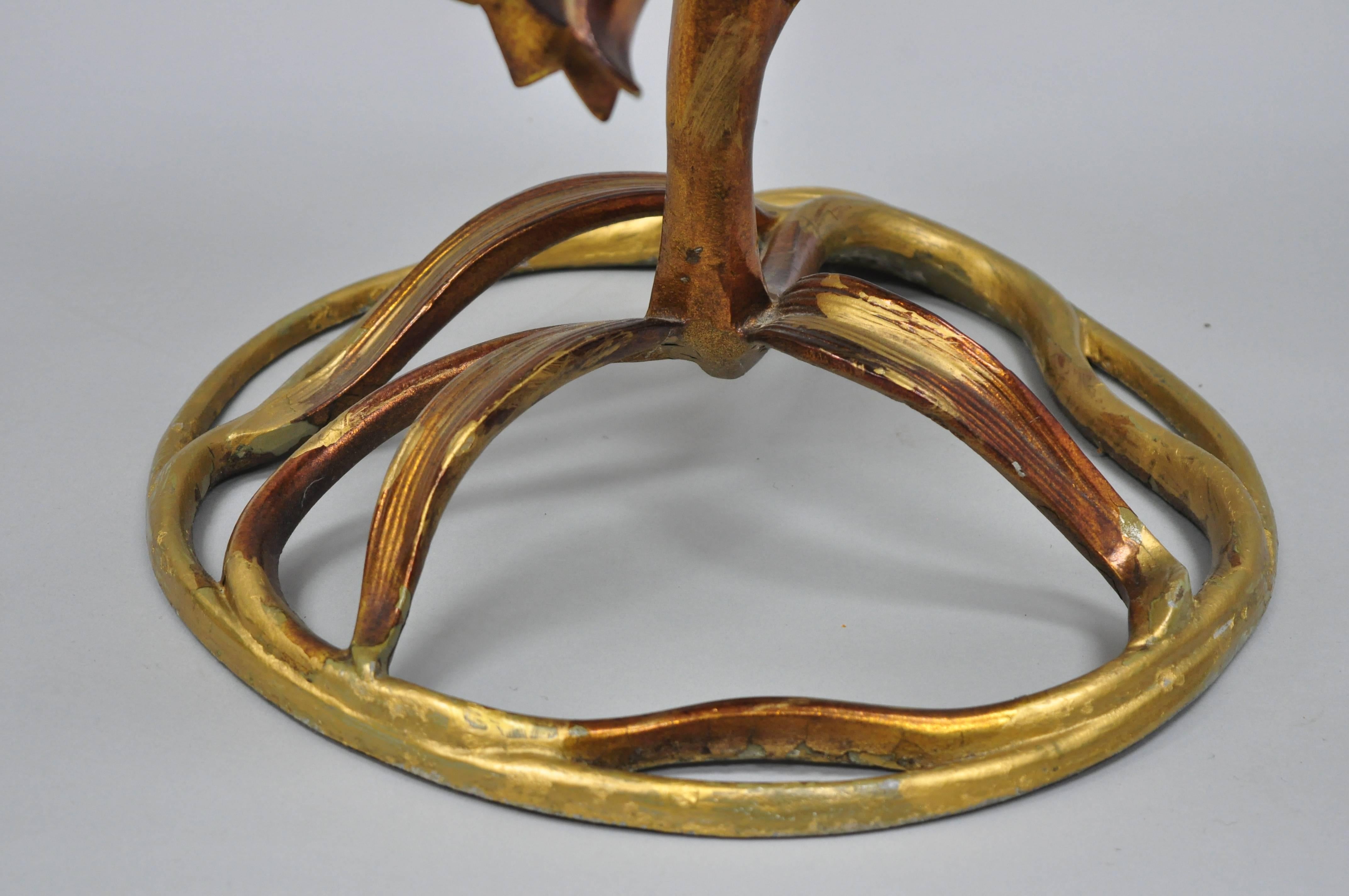 Aluminum Arthur Court Hollywood Regency Gold Lily Leaf Flower Round Glass Top Side Table