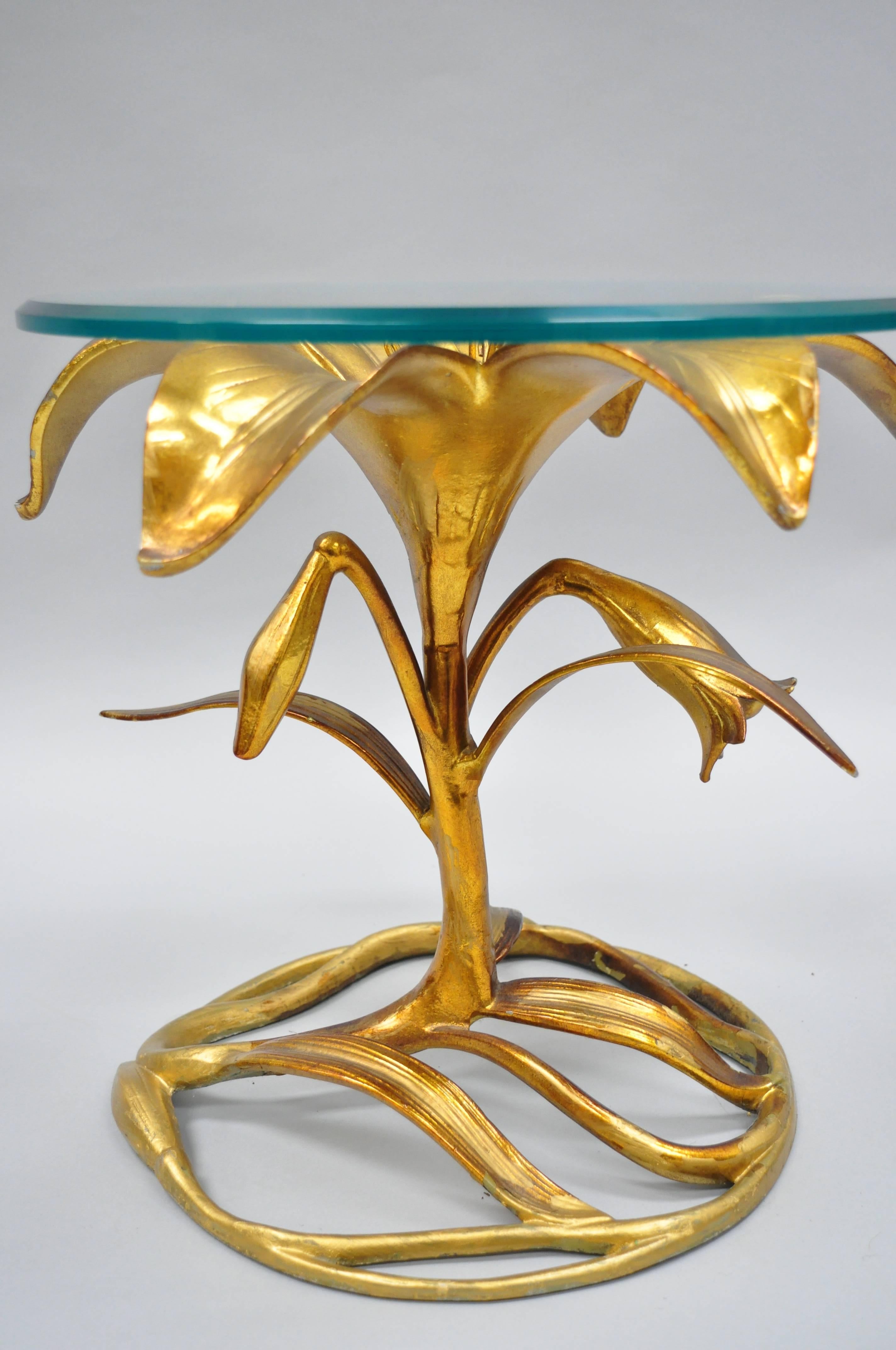 Arthur Court Hollywood Regency Gold Lily Leaf Flower Round Glass Top Side Table 1