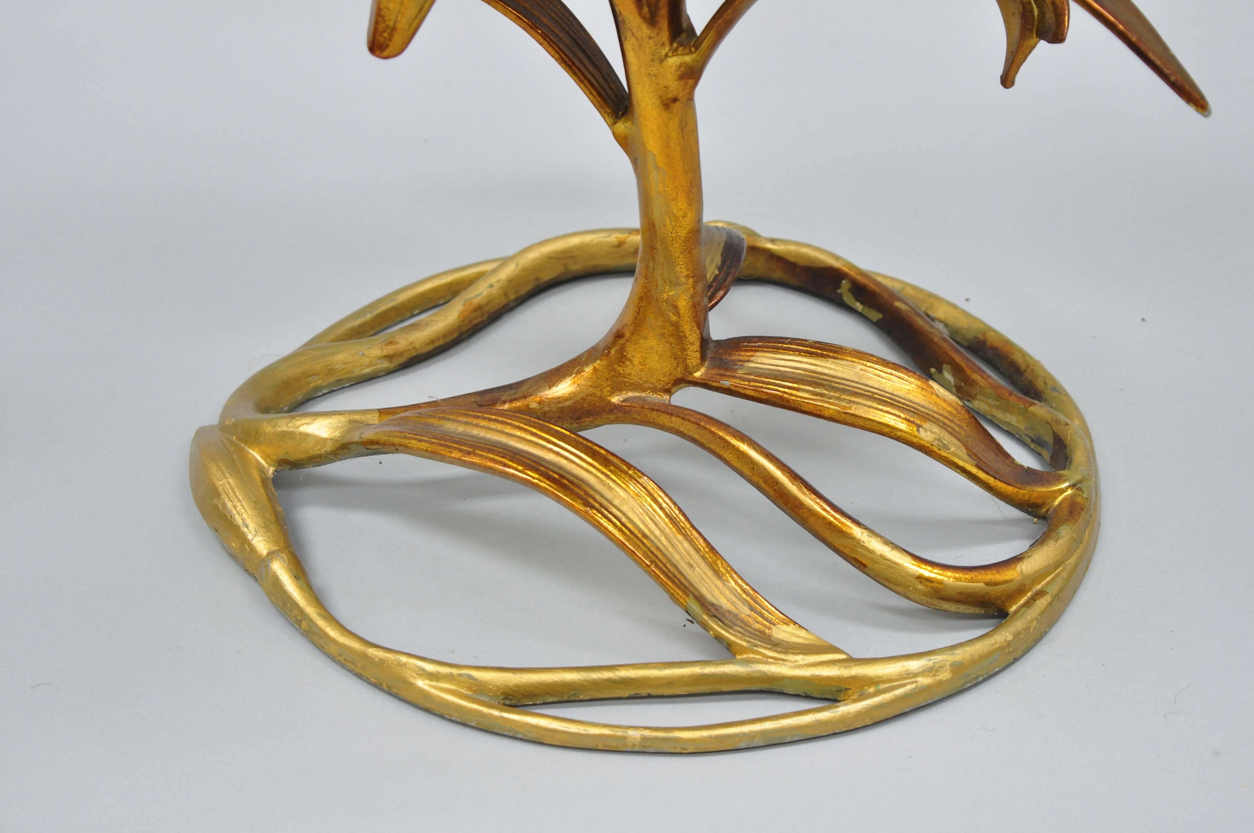 Arthur Court Hollywood Regency Gold Lily Leaf Flower Round Glass Top Side Table 2