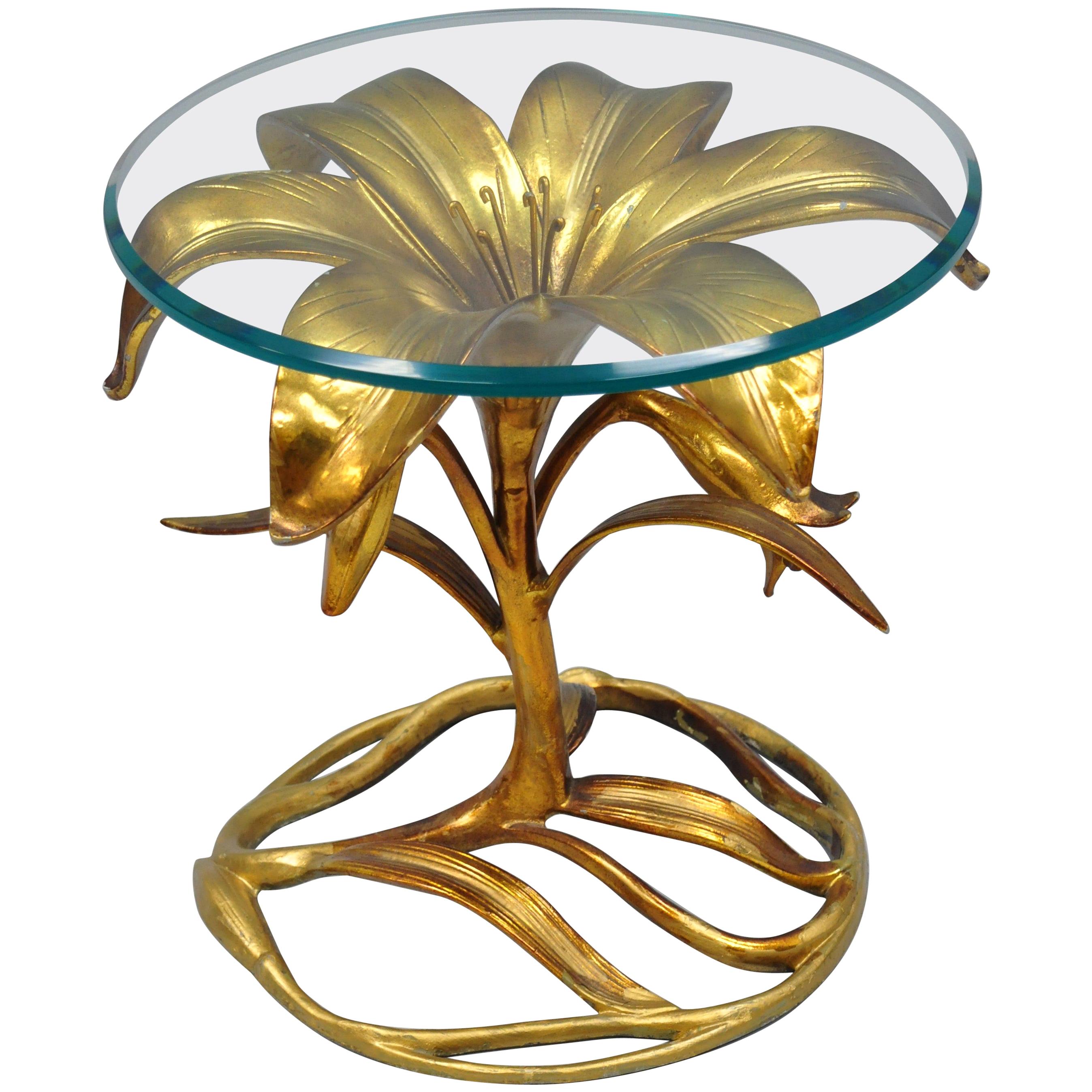 Arthur Court Hollywood Regency Gold Lily Leaf Flower Round Glass Top Side Table