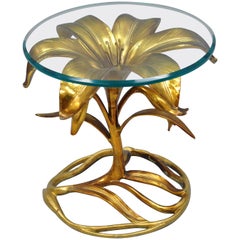 Arthur Court Hollywood Regency Gold Lily Leaf Flower Runde Glasplatte Beistelltisch