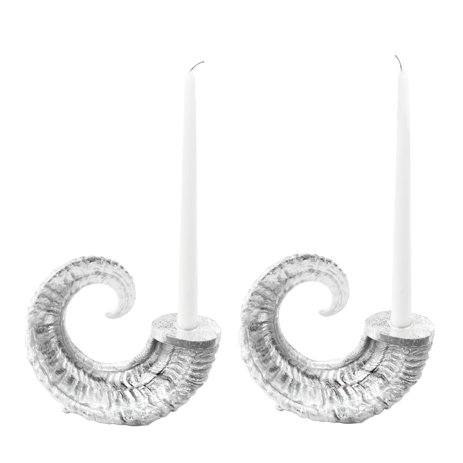 Pair of cast aluminum ram horn candlestick holders by Arthur Court, American 1970s. These are very stylish.