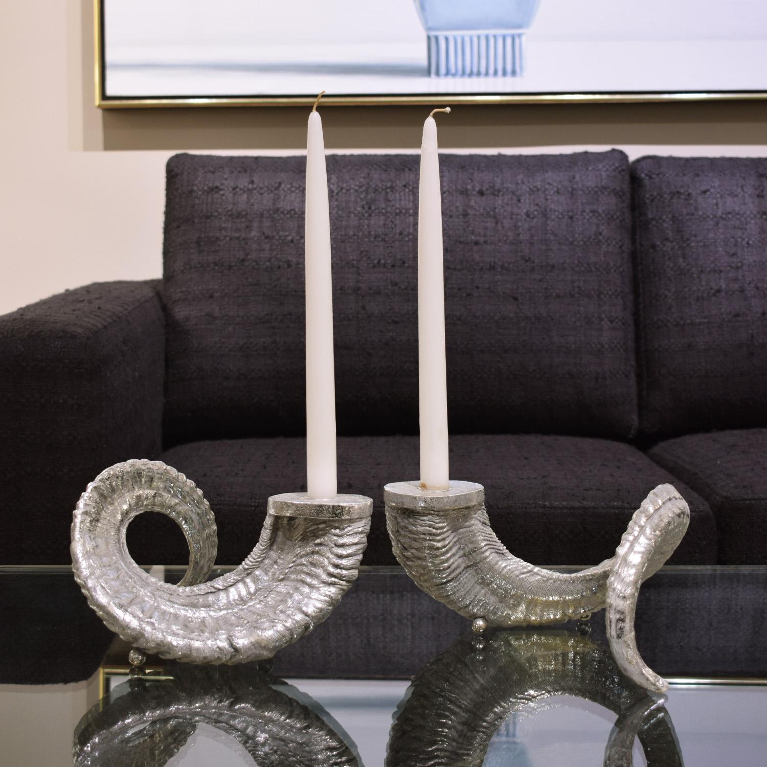 Arthur Court Pair of Aluminum Ram Horn Candlestick Holders 1970s In Excellent Condition For Sale In New York, NY