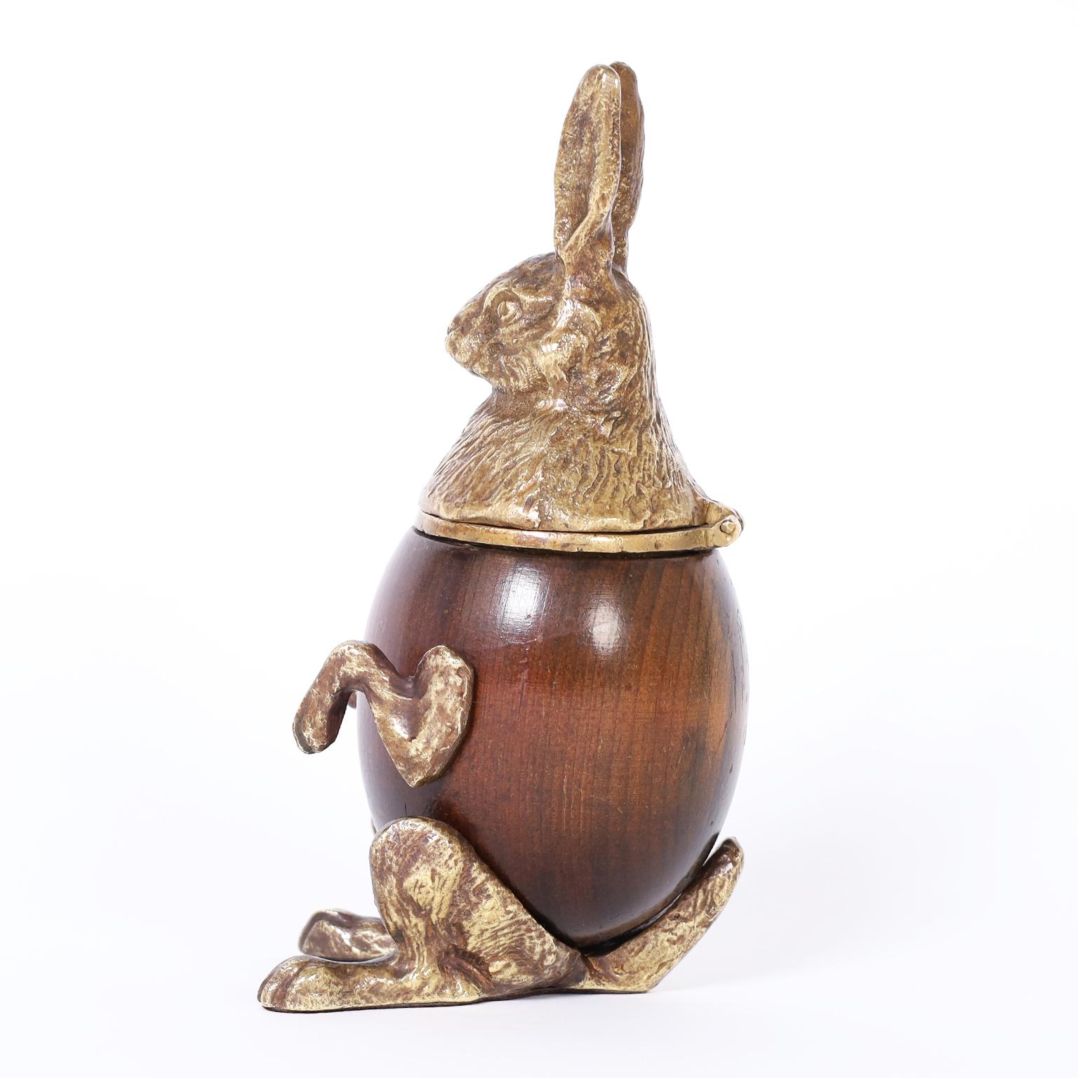 Rabbit box with a cast brass head, arms, and legs over a wood body stamped indistinctly Arthur Court 1976 on a leg.