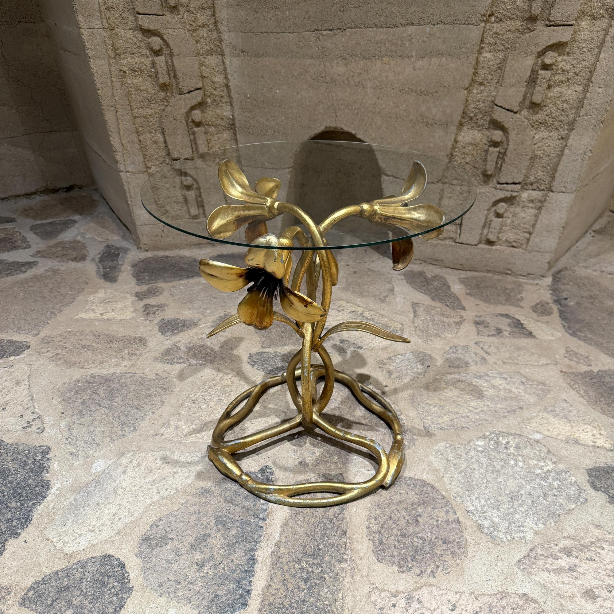 For your consideration, vintage side table designed by  Arthur Court. Constructed with cast aluminum and finished with gilt-golden tones.  USA circa the 1960s.  Listing for base only, original glass not included. The one on the images if for props