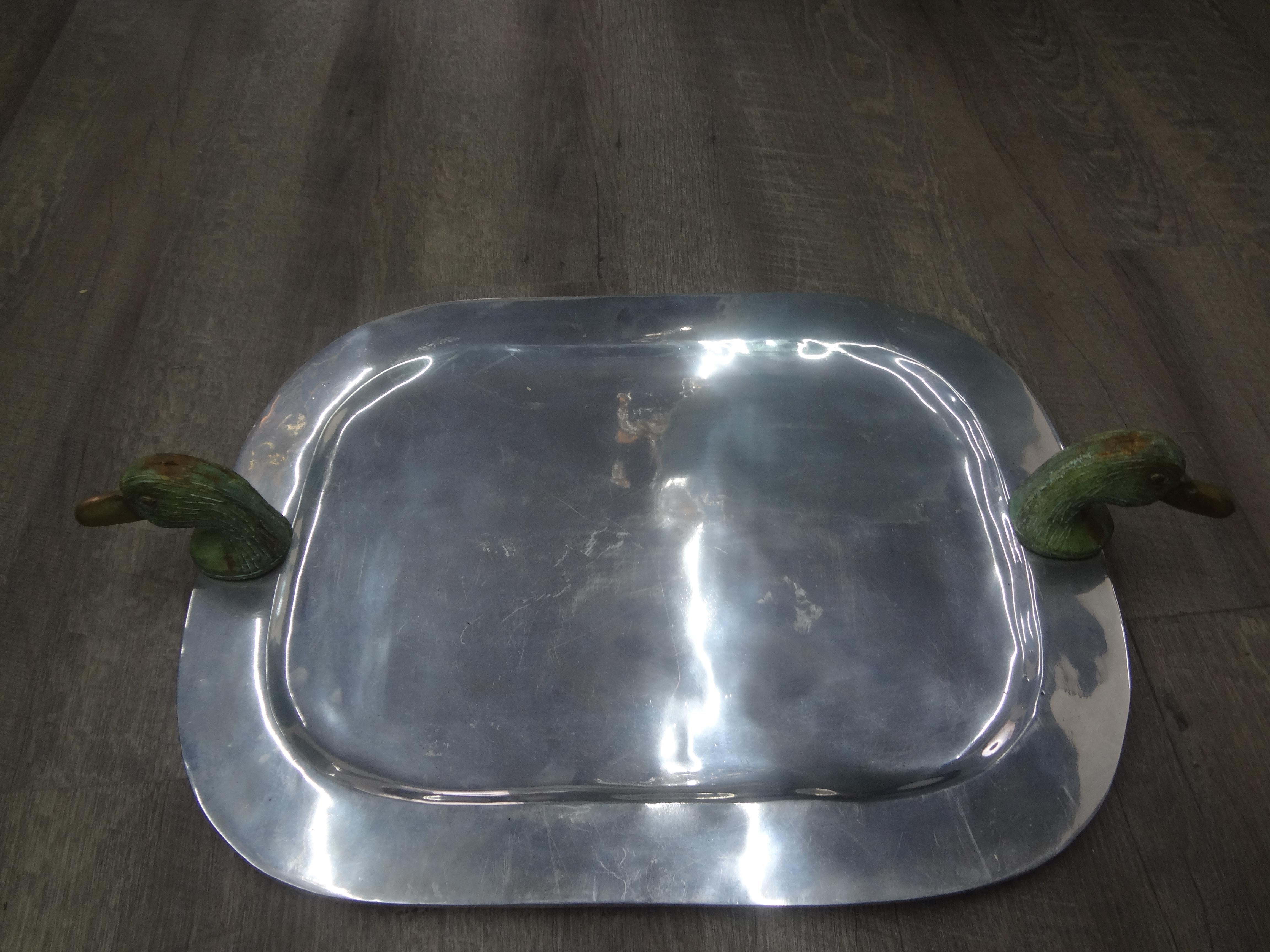 Arthur Court Style Pewter Tray With Brass Duck Head Handles.
Our stunning Post Modern rectangular pewter tray with patinated duck head handles 