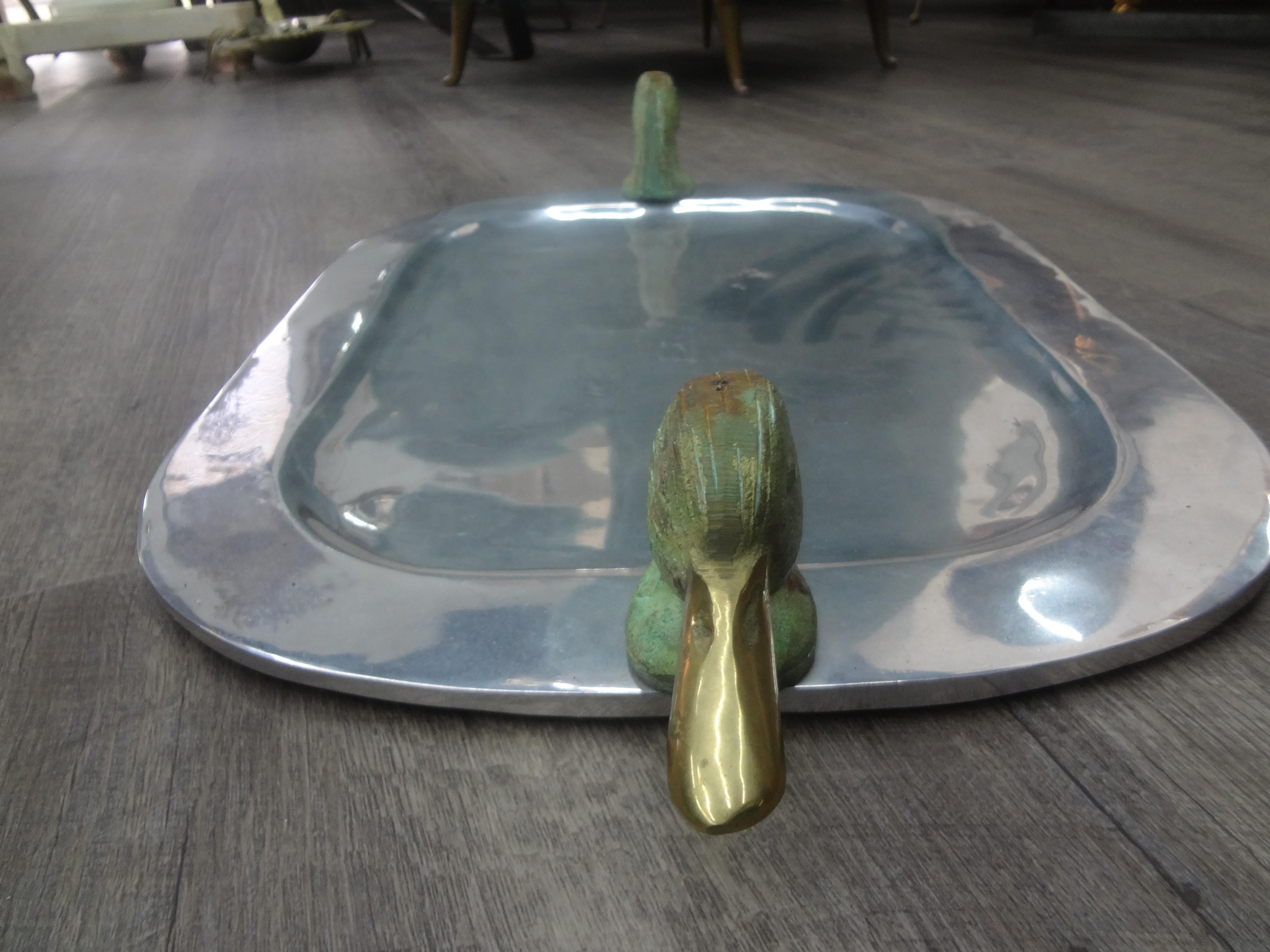 Arthur Court Style Pewter Tray With Brass Duck Head Handles In Good Condition In Houston, TX