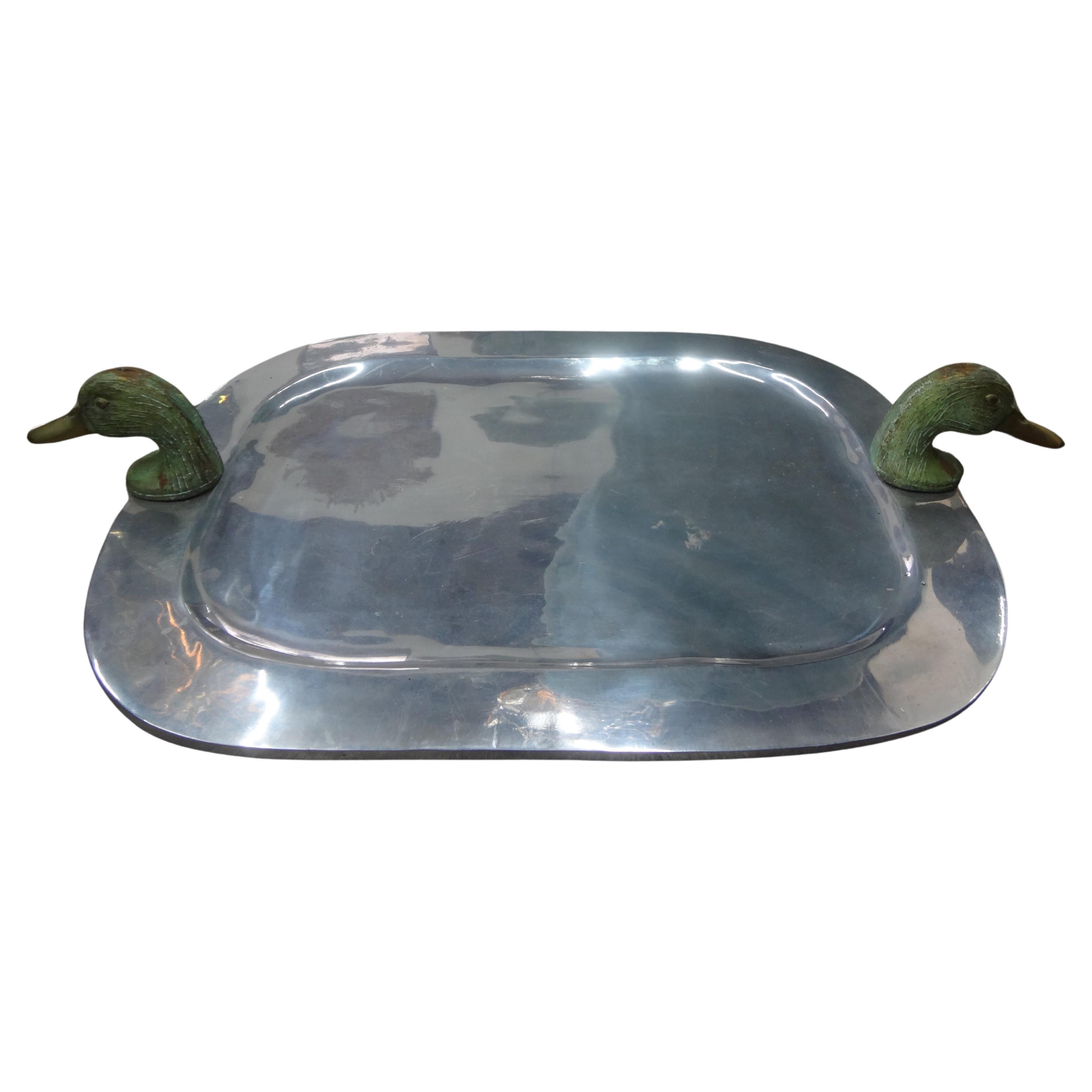 Arthur Court Style Pewter Tray With Brass Duck Head Handles 3