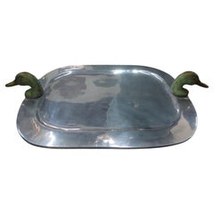 Vintage Arthur Court Style Pewter Tray With Brass Duck Head Handles