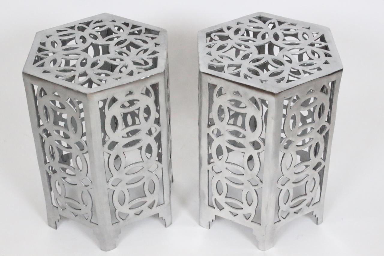 Arthur Court Style Polished Aluminum Chinese Coin Hexagon Occasional Table For Sale 3