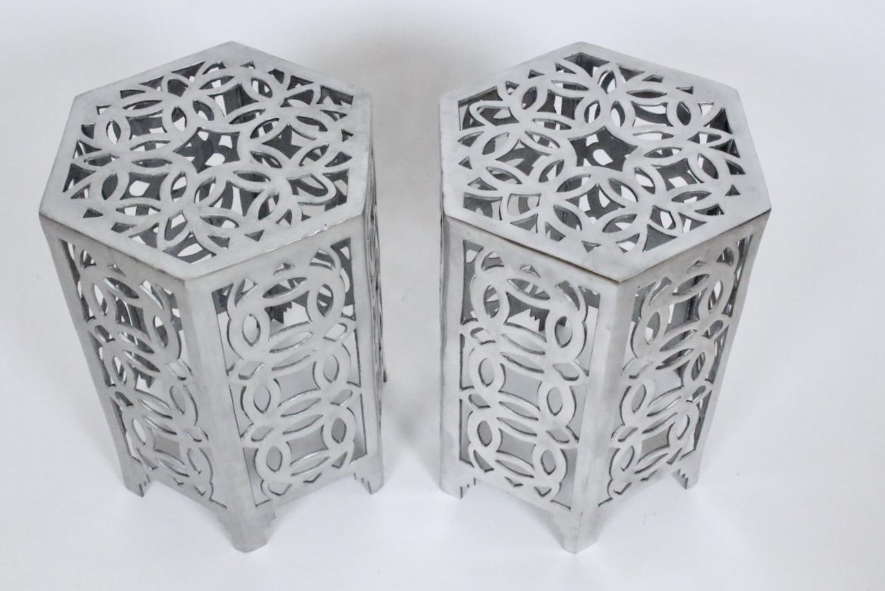 Arthur Court Style Polished Aluminum Chinese Coin Hexagon Occasional Table For Sale 4
