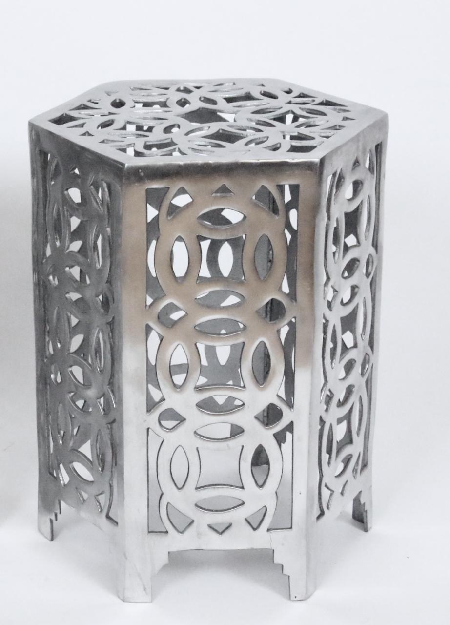 Modern Arthur Court Style Polished Aluminum Chinese Coin Hexagon Occasional Table For Sale