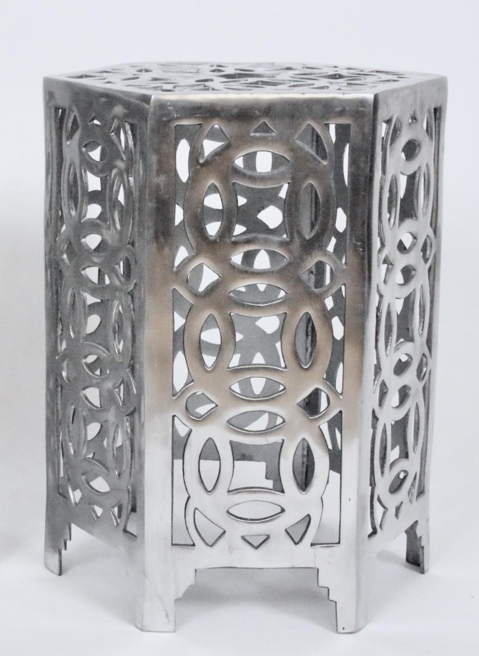 American Arthur Court Style Polished Aluminum Chinese Coin Hexagon Occasional Table For Sale