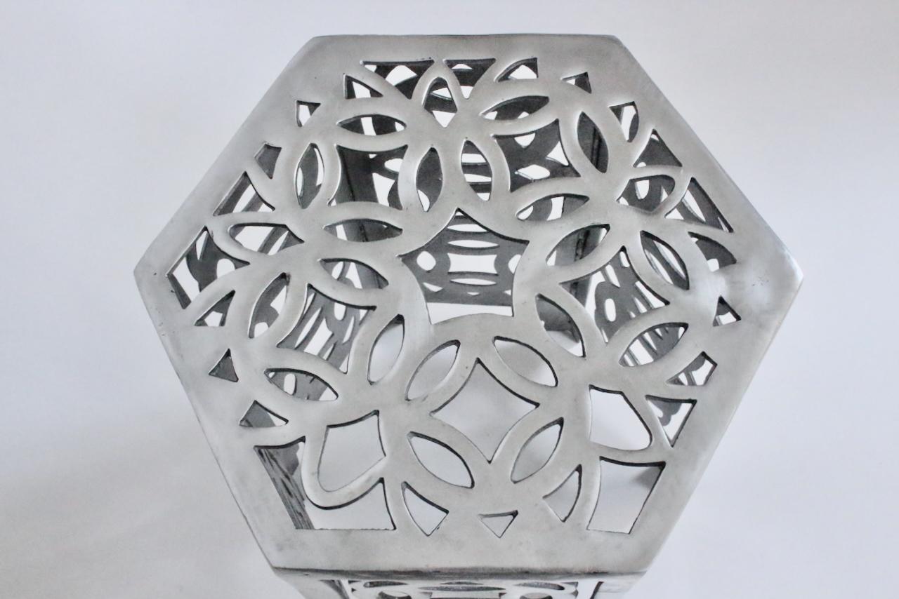 Cast Arthur Court Style Polished Aluminum Chinese Coin Hexagon Occasional Table For Sale