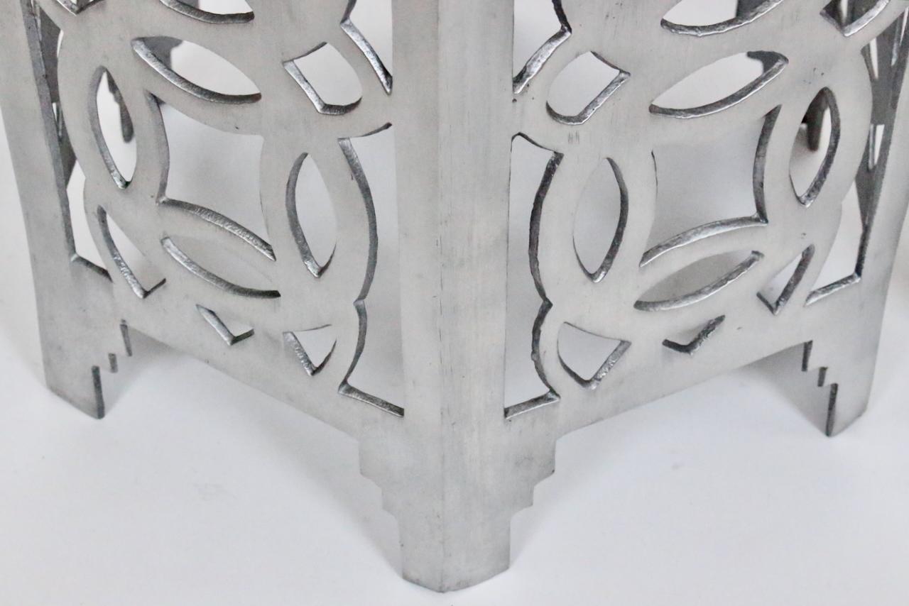 Arthur Court Style Polished Aluminum Chinese Coin Hexagon Occasional Table For Sale 1