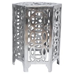 Arthur Court Style Polished Aluminum Chinese Coin Hexagon Occasional Table