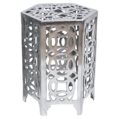 Vintage Arthur Court Style Polished Aluminum Chinese Coin Hexagon Occasional Table