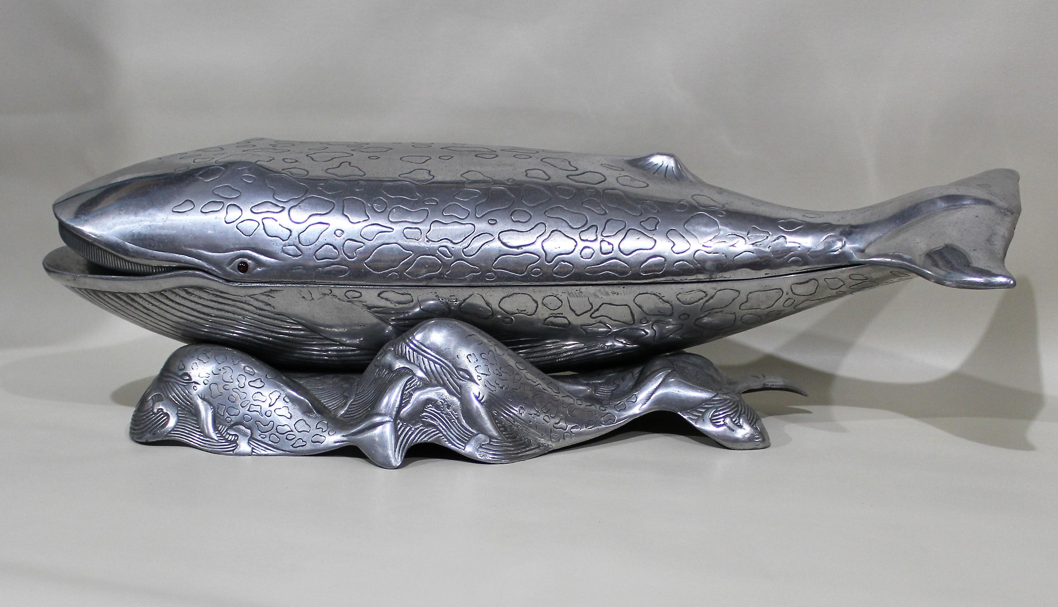 Arthur Court cast aluminum whale tureen. Whale sits on top of a base of waves and baby whales.